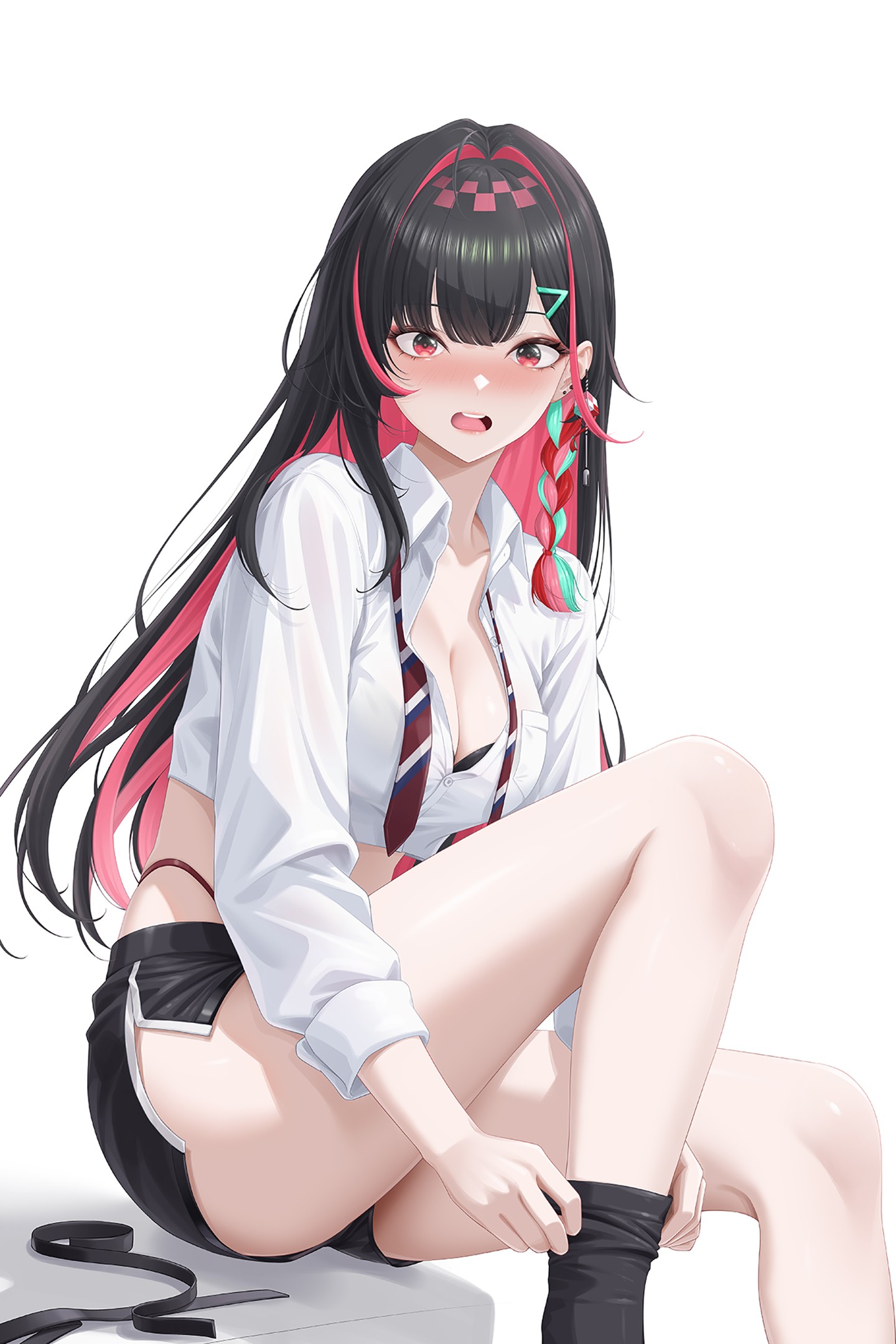 myomomoo, charon universe, highres, 1girl, black hair, black shorts, black socks, blush, bra, bra peek, braid, breast pocket, breasts, buttons, cleavage, collared shirt, crop top, dressing, highleg, knee up, long hair, looking at viewer, medium breasts, midriff, miharu (charon universe), multicolored hair, necktie, nose blush, open mouth, panty straps, pink hair, pocket, red eyes, shirt, short shorts, shorts, side slit, simple background, sitting, socks, solo, thighs, two-tone hair, underwear, undone necktie, virtual youtuber, white background, white shirt