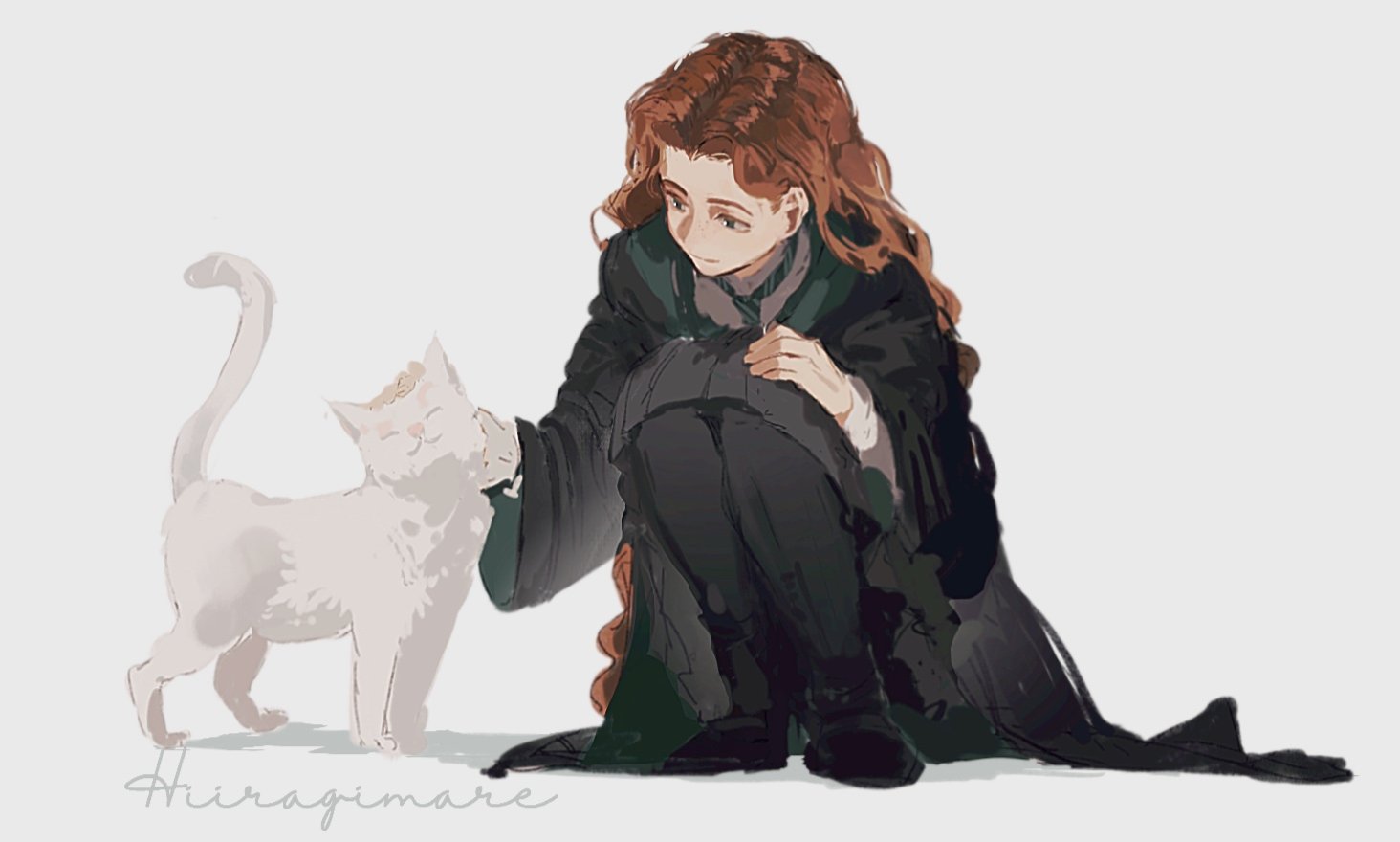 hiiragimare, hogwarts legacy, original, wizarding world, 1girl, artist name, black robe, black shoes, black skirt, black thighhighs, blue eyes, cat, collared shirt, full body, green necktie, gynger edventray (hiiragimare), hogwarts school uniform, hooded robe, long hair, long skirt, looking at animal, necktie, petting, red hair, robe, school uniform, shirt, shoes, simple background, sitting, skirt, slytherin, smile, solo, thighhighs, white background, white cat, white shirt