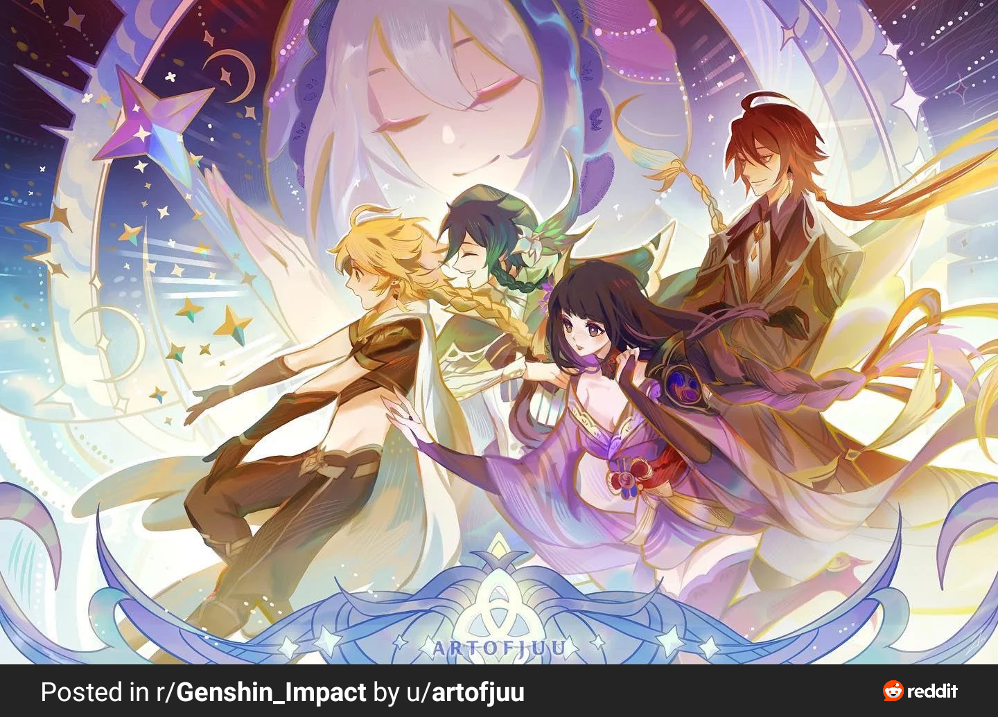 10juu, aether (genshin impact), raiden shogun, venti (genshin impact), zhongli (genshin impact), genshin impact, 2girls, 3boys, abstract background, ahoge, armor, artist name, blessing of the welkin moon, blonde hair, blue cloak, blunt bangs, blurry, blurry foreground, braid, braided bangs, breasts, bridal gauntlets, brown hair, capelet, chinese clothes, cleavage, cloak, closed eyes, closed mouth, collarbone, collared shirt, crop top, crossed arms, flower ornament, formal clothes, friends, from side, gloves, gradient hair, green capelet, green hair, hair between eyes, hair ornament, hair ribbon, hat, head tilt, hood, hood up, hooded cloak, huge ahoge, japanese clothes, kimono, large breasts, leaning forward, light smile, long braid, long sleeves, low ponytail, multicolored hair, multiple boys, multiple girls, necktie, off shoulder, outdoors, pants, parted lips, ponytail, primogem, purple eyes, purple hair, purple kimono, red lips, red sash, reddit logo, reddit username, ribbon, sash, shirt, short hair, shoulder armor, single bare shoulder, single braid, standing, suit, thighhighs, thighs, upper body, white hair