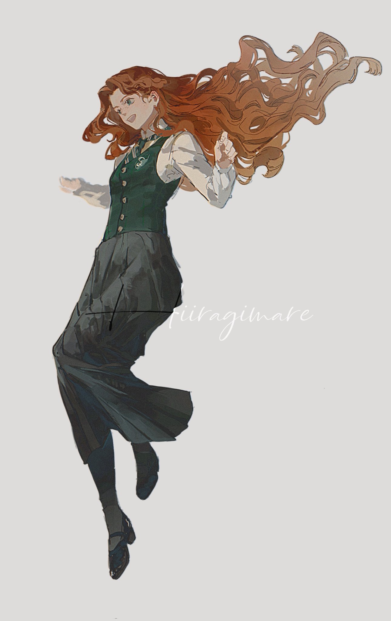 hiiragimare, hogwarts legacy, original, wizarding world, highres, 1girl, artist name, black shoes, black skirt, black thighhighs, blue eyes, collared shirt, floating hair, full body, green necktie, green vest, gynger edventray (hiiragimare), hogwarts school uniform, long hair, long skirt, long sleeves, mary janes, necktie, open mouth, red hair, school uniform, shirt, shoes, simple background, skirt, slytherin, smile, solo, thighhighs, vest, white background, white shirt
