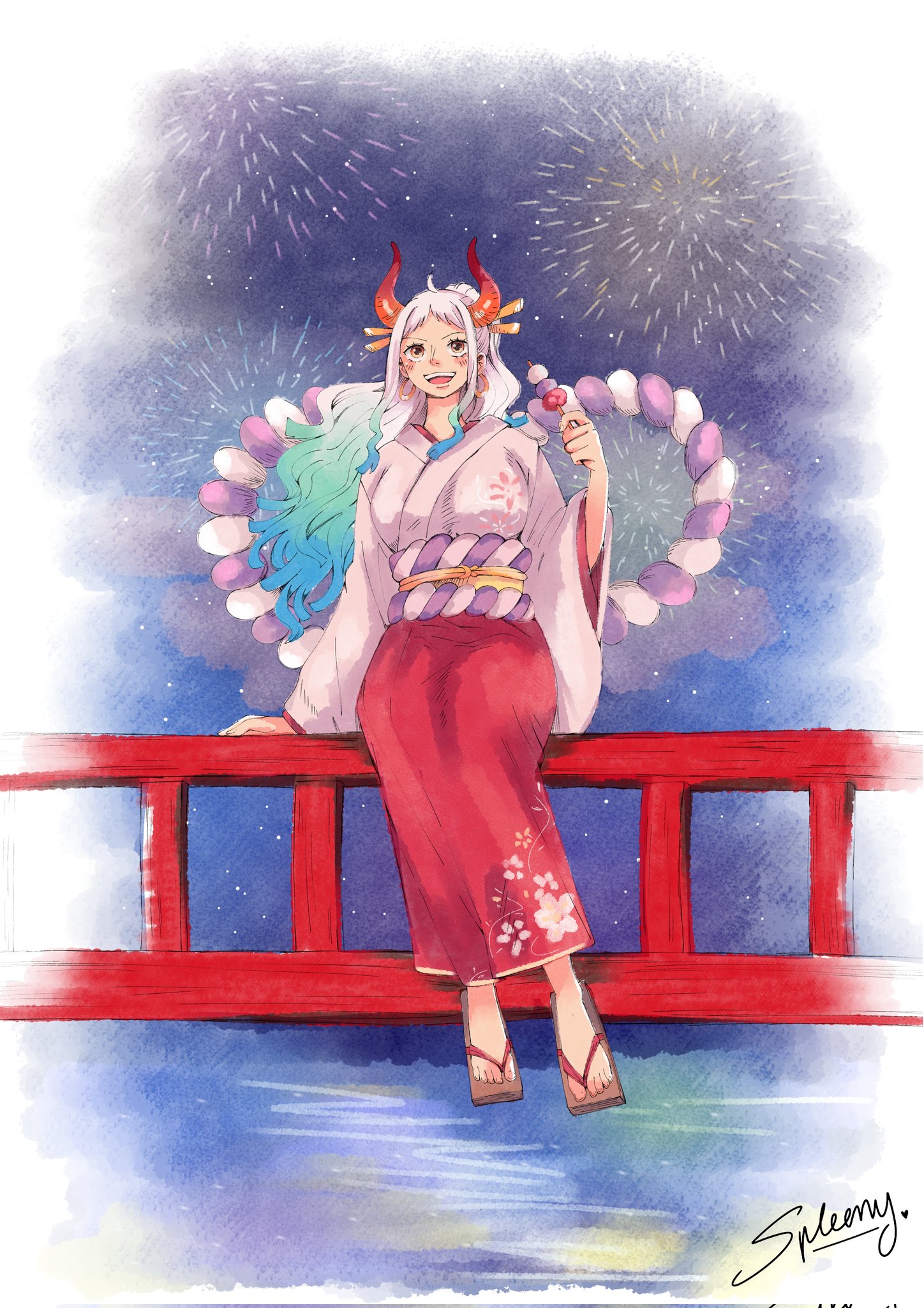 spleeny, yamato (one piece), one piece, highres, bridge, dango, fireworks, food, happy, japanese clothes, kimono, multicolored hair, new year, orange eyes, ribbon, wagashi, watercolor background, watercolor effect, white hair
