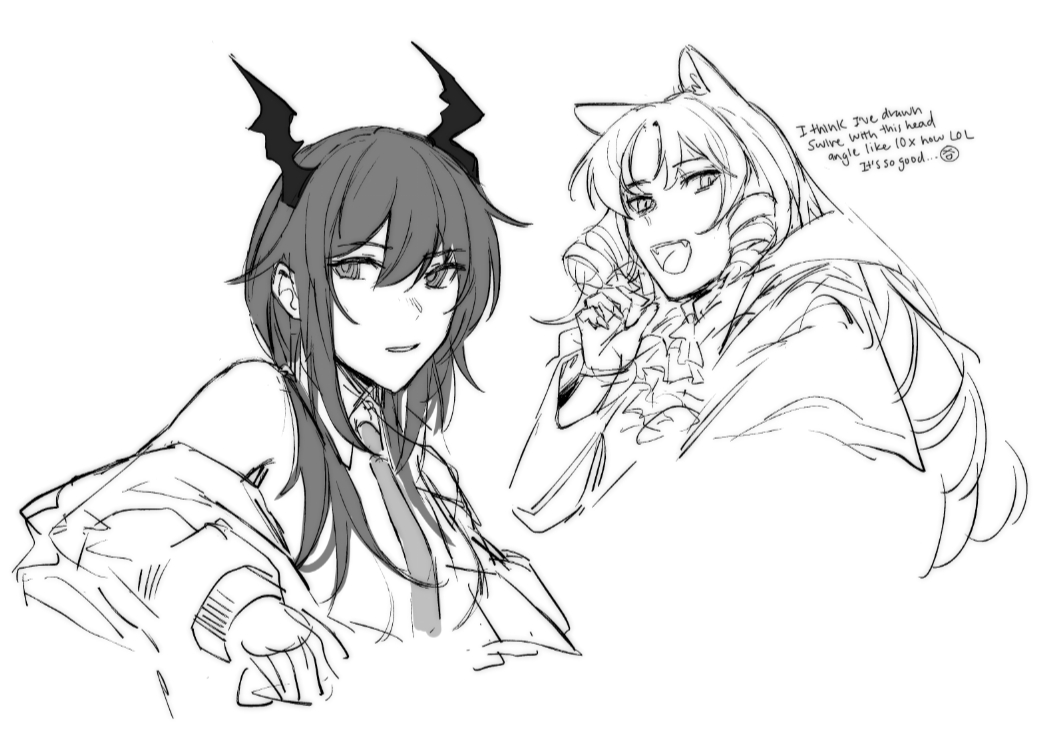 skyregalias, ch'en (arknights), swire (arknights), arknights, commentary, symbol-only commentary, 2girls, animal ears, collared shirt, cropped torso, dragon girl, dragon horns, drill hair, drill sidelocks, english text, fangs, horns, jacket, light smile, long hair, long sleeves, looking at viewer, multiple girls, necktie, off shoulder, open mouth, parted lips, shirt, sidelocks, simple background, sketch, tiger ears, tiger girl, white background