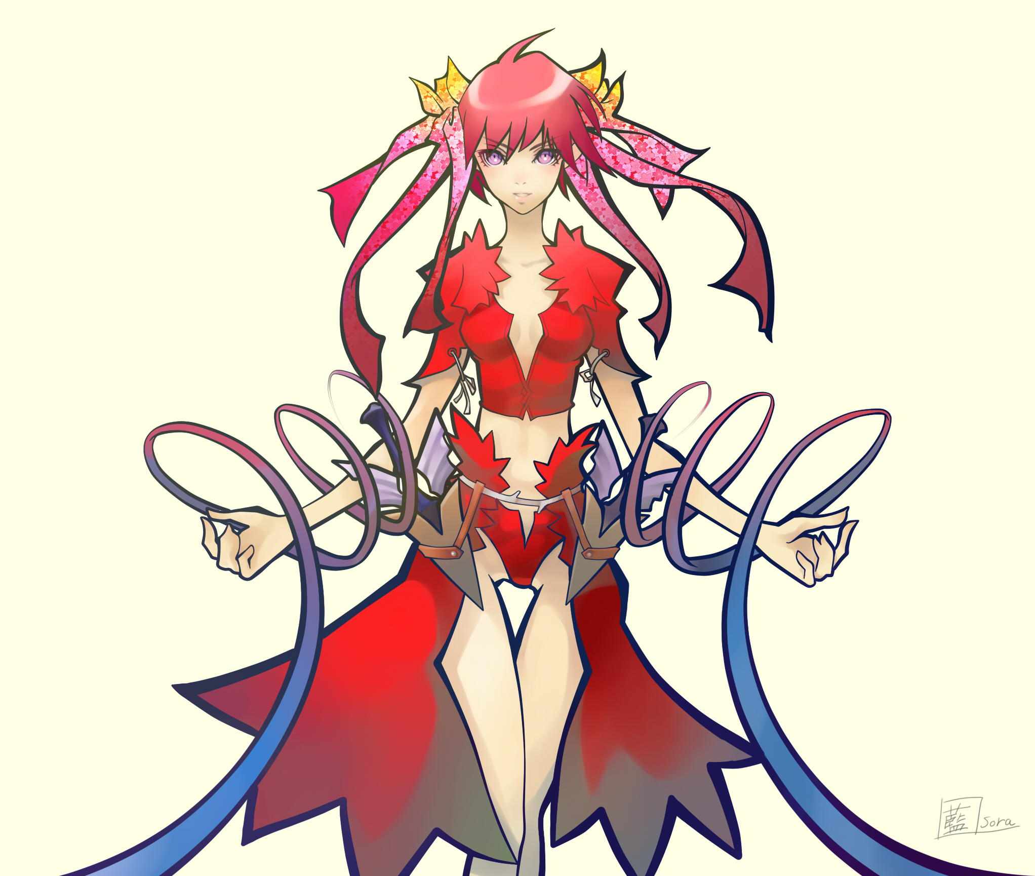 ai[sora], bad id, bad pixiv id, highres, 1girl, female focus, midriff, pink eyes, pink hair, ribbon, simple background, solo