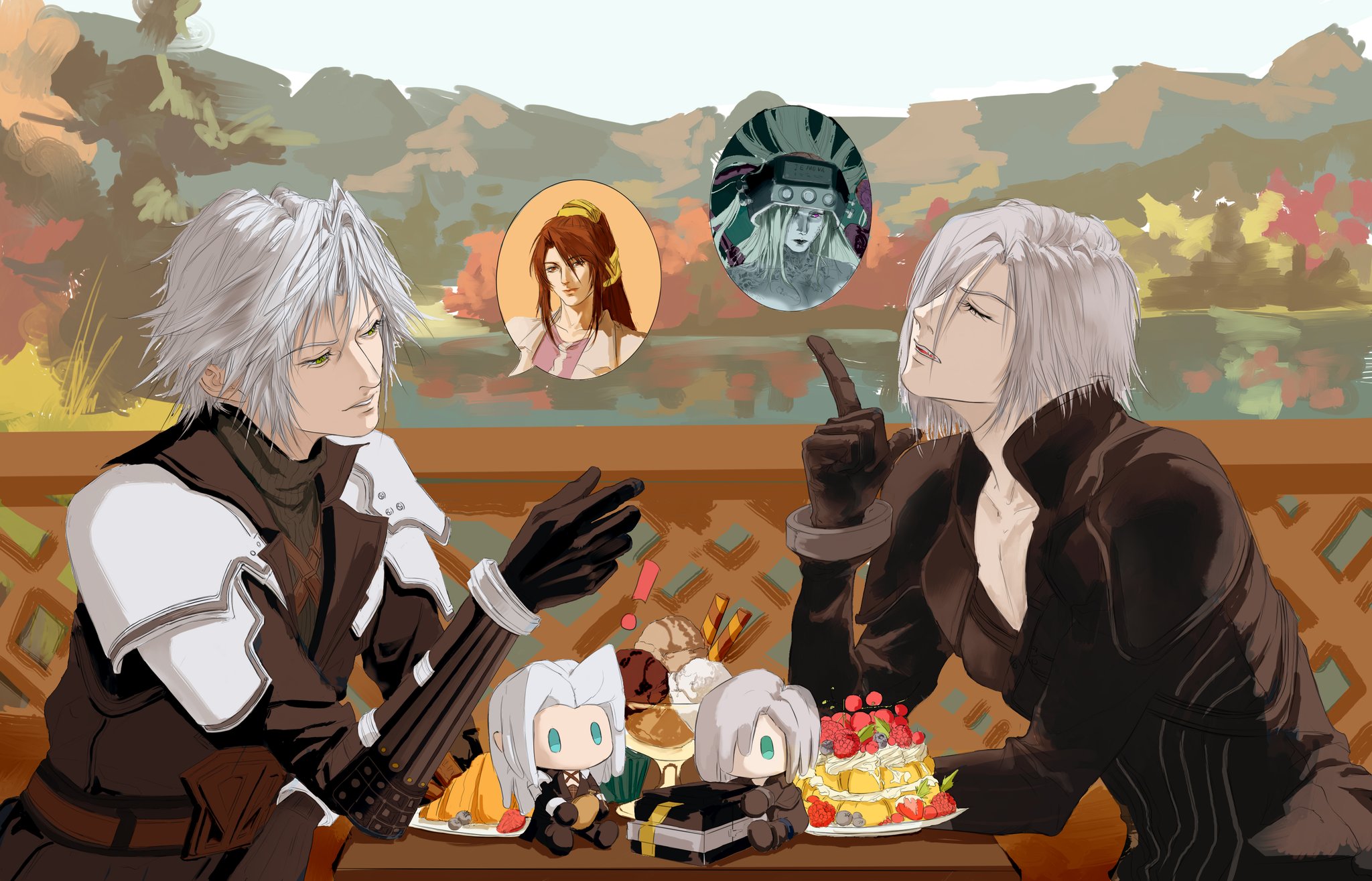 gx8439440115311, jenova, kadaj, lucrecia crescent, sephiroth, sephiroth (ever crisis), final fantasy, final fantasy vii, final fantasy vii: advent children, final fantasy vii: ever crisis, highres, 2boys, autumn, black gloves, brown hair, character doll, chest strap, closed eyes, doll, food, gloves, index finger raised, male focus, multiple boys, outdoors, ponytail, short hair, sitting, stuffed toy, table, talking, water