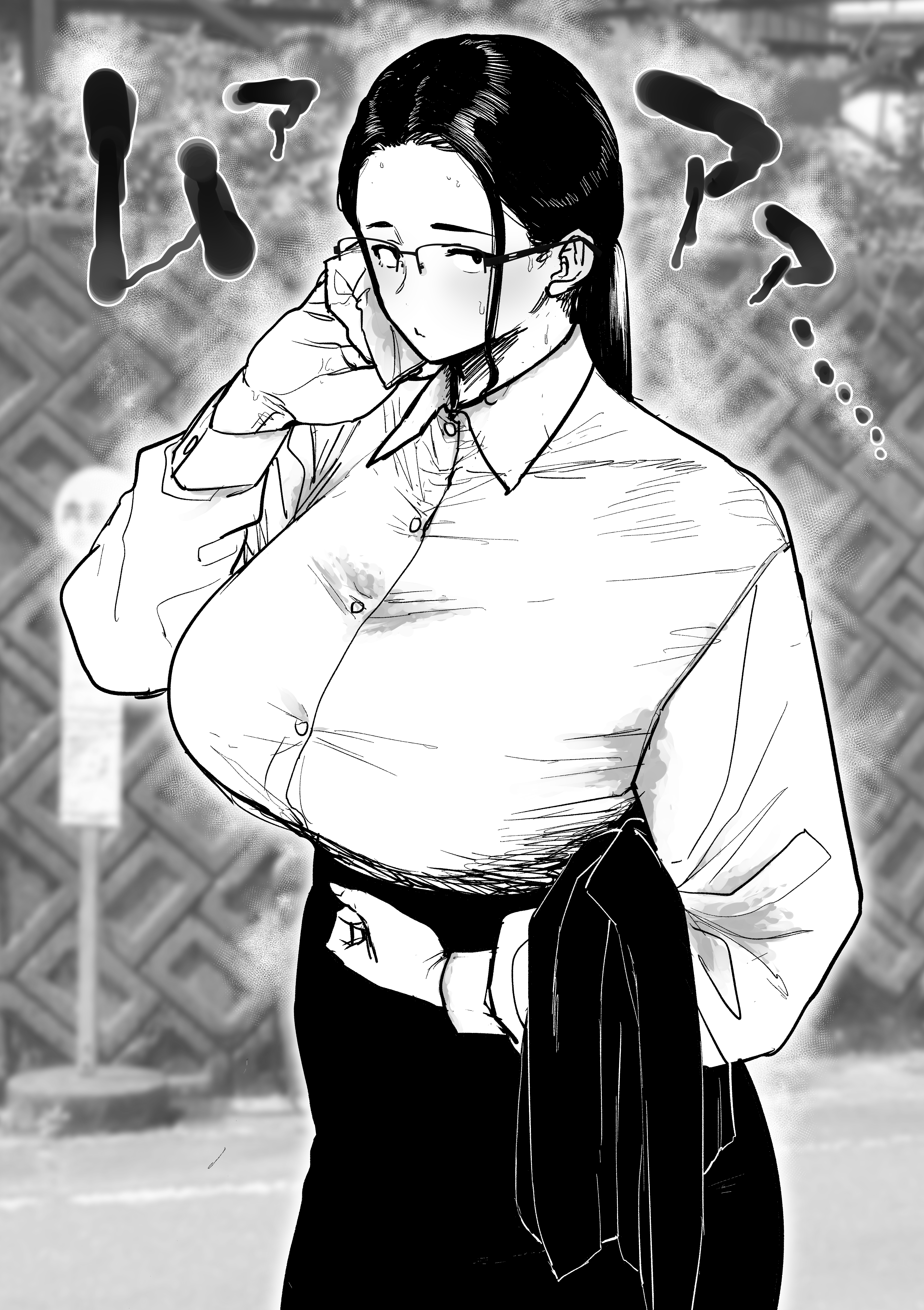 etsuzan jakusui, original, absurdres, highres, 1girl, blurry, blurry background, breasts, glasses, greyscale, hand up, huge breasts, long hair, long sleeves, looking at viewer, monochrome, office lady, photo background, ponytail, sweat stain, wiping