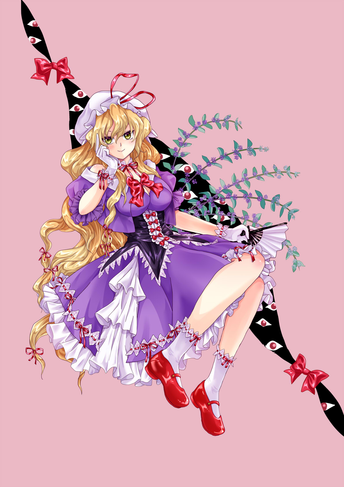 myouga teien, yakumo yukari, touhou, commentary, highres, 1girl, bare shoulders, black corset, blonde hair, blush, bow, bowtie, breasts, cleavage, corset, disembodied eye, dress, flower, folding fan, frilled corset, frilled dress, frills, full body, gap (touhou), gloves, hair ribbon, hand fan, hand on own cheek, hand on own face, hand up, hat, hat ribbon, holding, holding fan, index finger raised, knee blush, knees, large breasts, lips, long hair, mary janes, mob cap, pink background, puffy short sleeves, puffy sleeves, purple dress, purple flower, red bow, red bowtie, red ribbon, red shoes, ribbon, shoes, short sleeves, smile, socks, solo, white gloves, white hat, white socks, yellow eyes