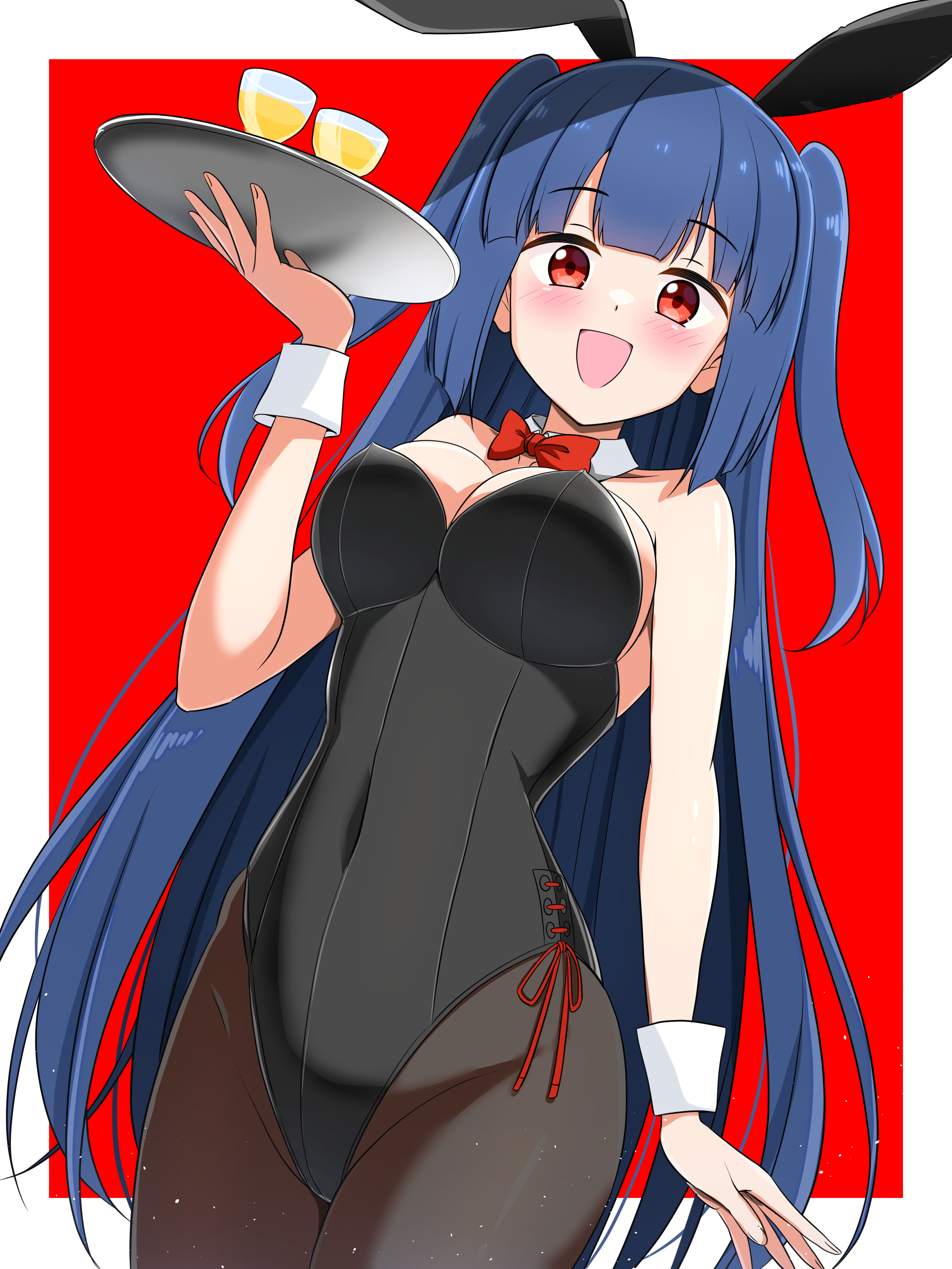 ichima (pixiv 29147205), kakuriyo no mon, absurdres, commentary request, highres, 1girl, animal ears, black leotard, black pantyhose, blue hair, border, bow, bowtie, breasts, bunny day, cleavage, covered navel, detached collar, fake animal ears, glass, holding, holding tray, leotard, long hair, looking at viewer, open mouth, outside border, pantyhose, playboy bunny, rabbit, red background, red bow, red bowtie, red eyes, side-tie leotard, simple background, solo, standing, tray, white border, white wrist cuffs, wrist cuffs
