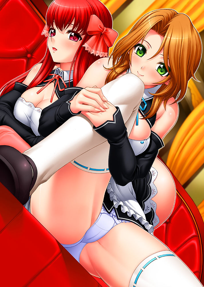 miyagi yasutomo, amane (dream c club), futaba riho, dream c club, dream c club (series), 2girls, brown hair, green eyes, multiple girls, panties, pantyshot, red eyes, red hair, smile, thighhighs, underwear