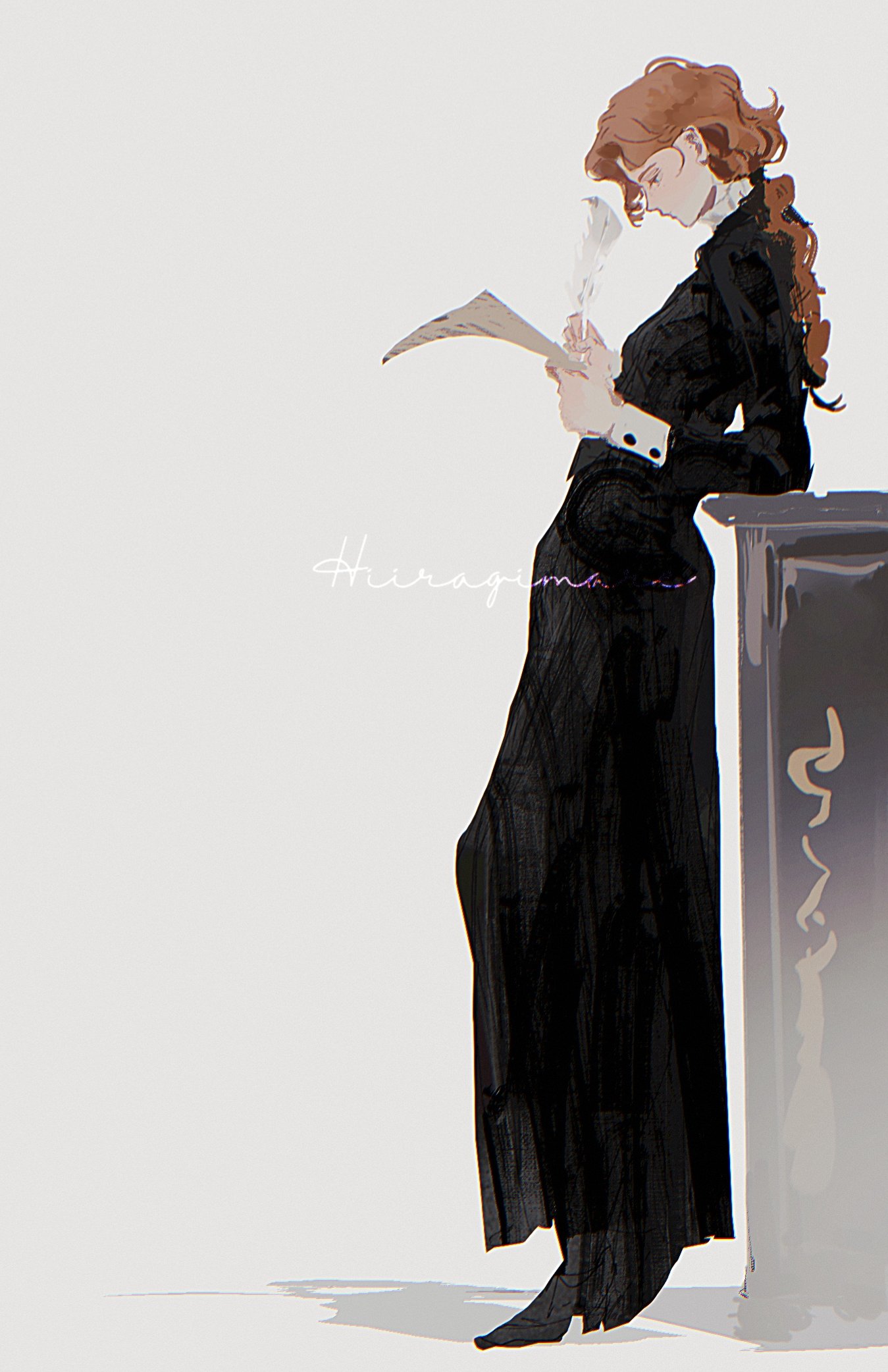 hiiragimare, hogwarts legacy, original, wizarding world, highres, 1girl, artist name, black dress, black shoes, blue eyes, dress, from side, full body, gynger edventray (hiiragimare), holding, holding paper, holding quill, leaning on object, long hair, paper, ponytail, quill, red hair, shoes, simple background, solo, white background, writing