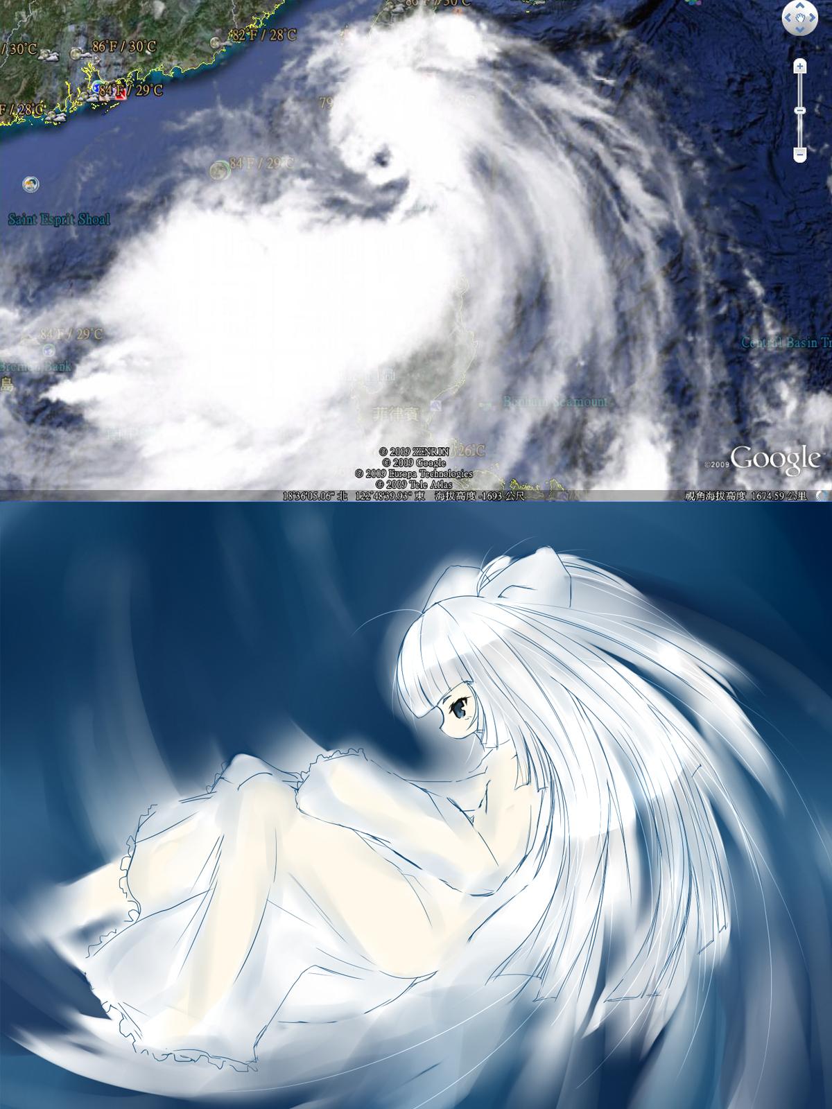 yuaa, google, highres, 1girl, blue background, blue eyes, bow, cloud, colored skin, female focus, google maps, personification, solo, storm, typhoon, white hair, white skin, white theme