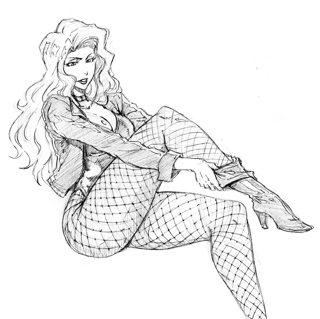 rakusakugk, black canary, dc comics, 1girl, boots, breasts, choker, cleavage, dressing, fishnet pantyhose, fishnets, greyscale, high heel boots, high heels, invisible chair, jacket, leotard, long hair, monochrome, pantyhose, parted lips, simple background, sitting, solo