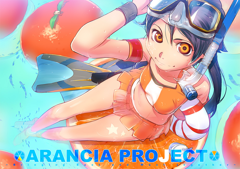 ryota-h, arancia, original, 1girl, bikini, black eyes, brown hair, character name, diving mask, english text, female focus, fins, fish, food, foreshortening, from above, fruit, goggles, innertube, legs, looking up, miniskirt, orange (fruit), orange eyes, orange skirt, pool, see-through clothes, sitting, skirt, smile, snorkel, soaking feet, solo, star (symbol), swim ring, swimsuit, tankini, twintails, water, wet