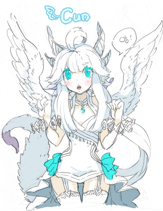 taruk, original, 1girl, angel wings, animal ears, aqua eyes, dragon girl, dress, feathers, female focus, garter belt, monster girl, sketch, solo, thighhighs, white hair, wings