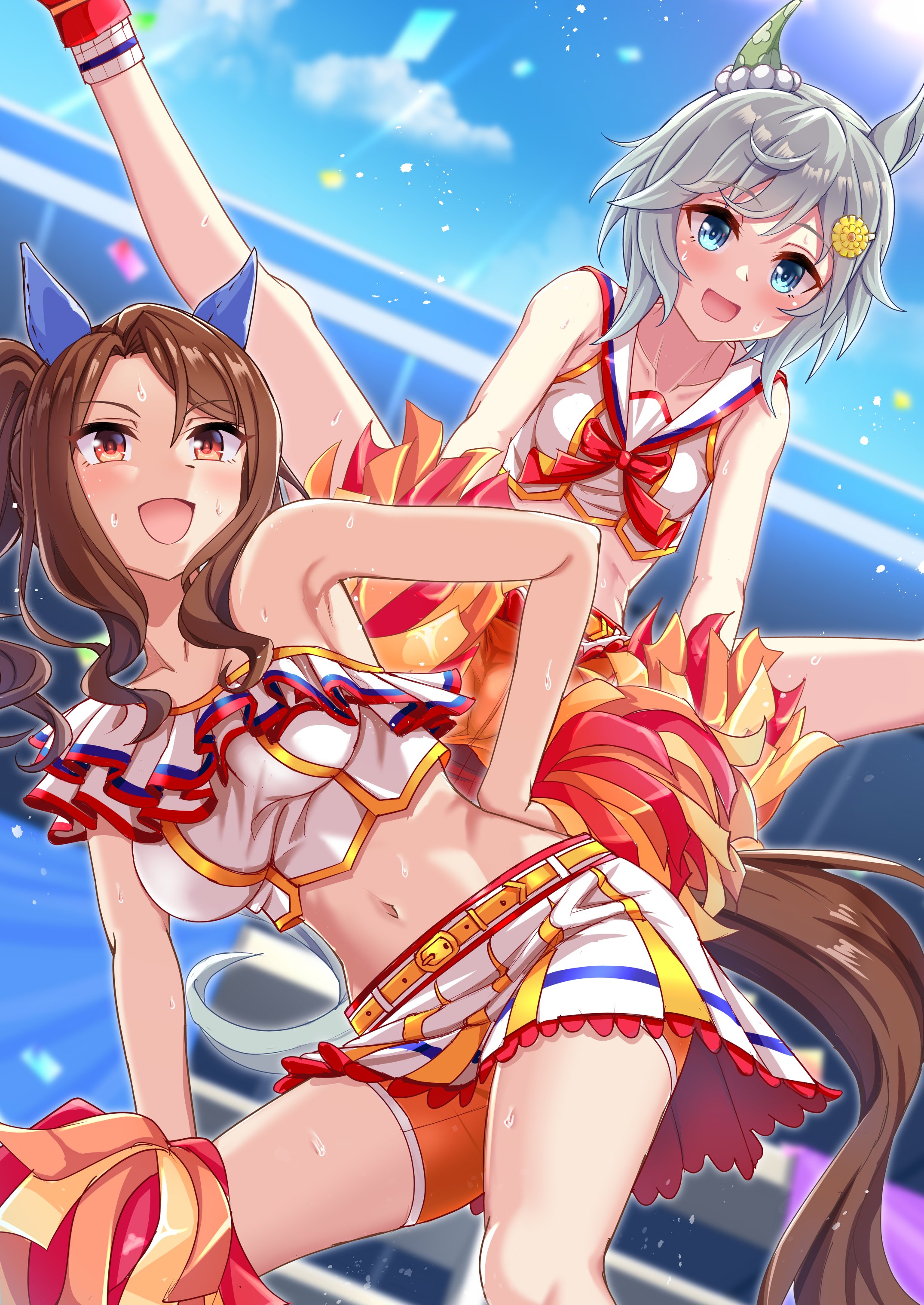 zenrakishi, king halo (umamusume), nice nature (run&win) (umamusume), nice nature (umamusume), seiun sky (umamusume), umamusume, absurdres, highres, 2girls, alternate costume, animal ears, apron, bare shoulders, blue eyes, breasts, brown apron, brown hair, cosplay, flower hairpin, grey hair, hand on own hip, horse ears, horse girl, horse tail, large breasts, long hair, medium breasts, medium hair, midriff, multiple girls, navel, nice nature (umamusume) (cosplay), open mouth, pom pom (cheerleading), shorts, shorts under skirt, side ponytail, split, sweat, tail