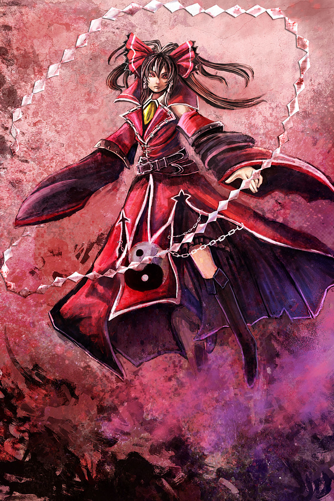 bccp, hakurei reimu, castlevania (series), koumajou densetsu, koumajou densetsu 1, touhou, highres, 1girl, alternate costume, belt, boots, bow, chain, detached sleeves, female focus, japanese clothes, miko, parody, shide, solo, yin yang