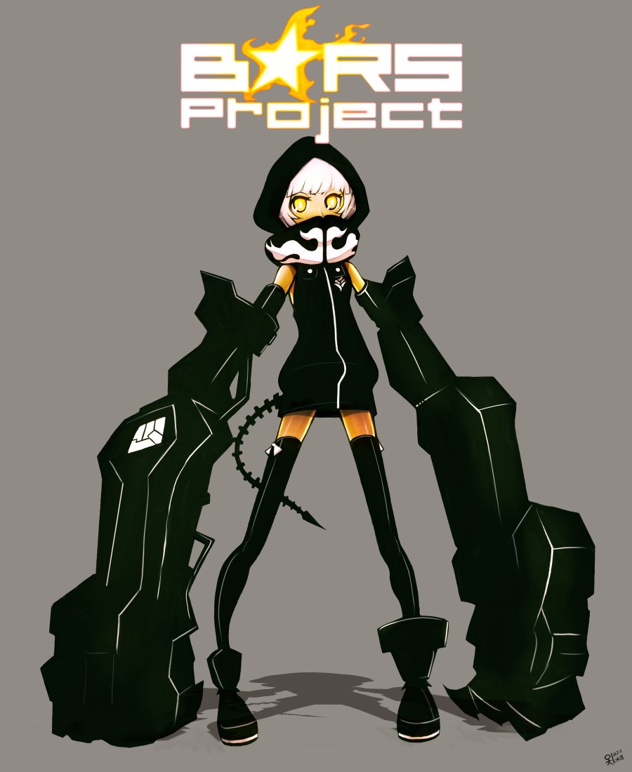 oetchi, strength (black rock shooter), black rock shooter, 1girl, black thighhighs, copyright name, dark-skinned female, dark skin, demon tail, flame print, grey background, hood, hoodie, mechanical arms, orange eyes, tail, thighhighs, white hair