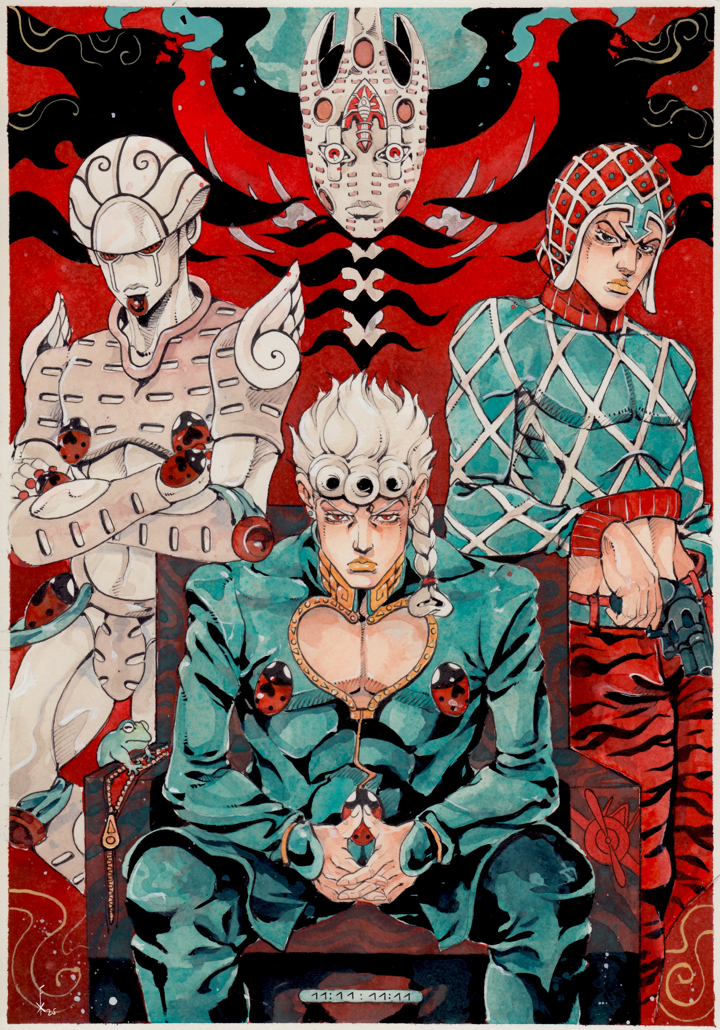 xfkart, giorno giovanna, gold experience, gold experience requiem, guido mista, jojo no kimyou na bouken, vento aureo, absurdres, highres, painting (medium), traditional media, watercolor (medium), 2boys, 2others, aircraft, airplane, animal print, aqua jacket, aqua pants, aqua sweater, argyle clothes, argyle hat, argyle sweater, arrow (jojo), arrow (projectile), braid, chair, crop top, crossed arms, frog, gun, handgun, hat, high collar, jacket, ladybug ornament, long sleeves, male focus, midriff, multiple boys, multiple others, pants, red eyes, red hat, red pants, revolver, sitting, stand (jojo), sweater, turtleneck, turtleneck sweater, weapon, white hair, wing ornament, zebra print, zipper, zipper pull tab