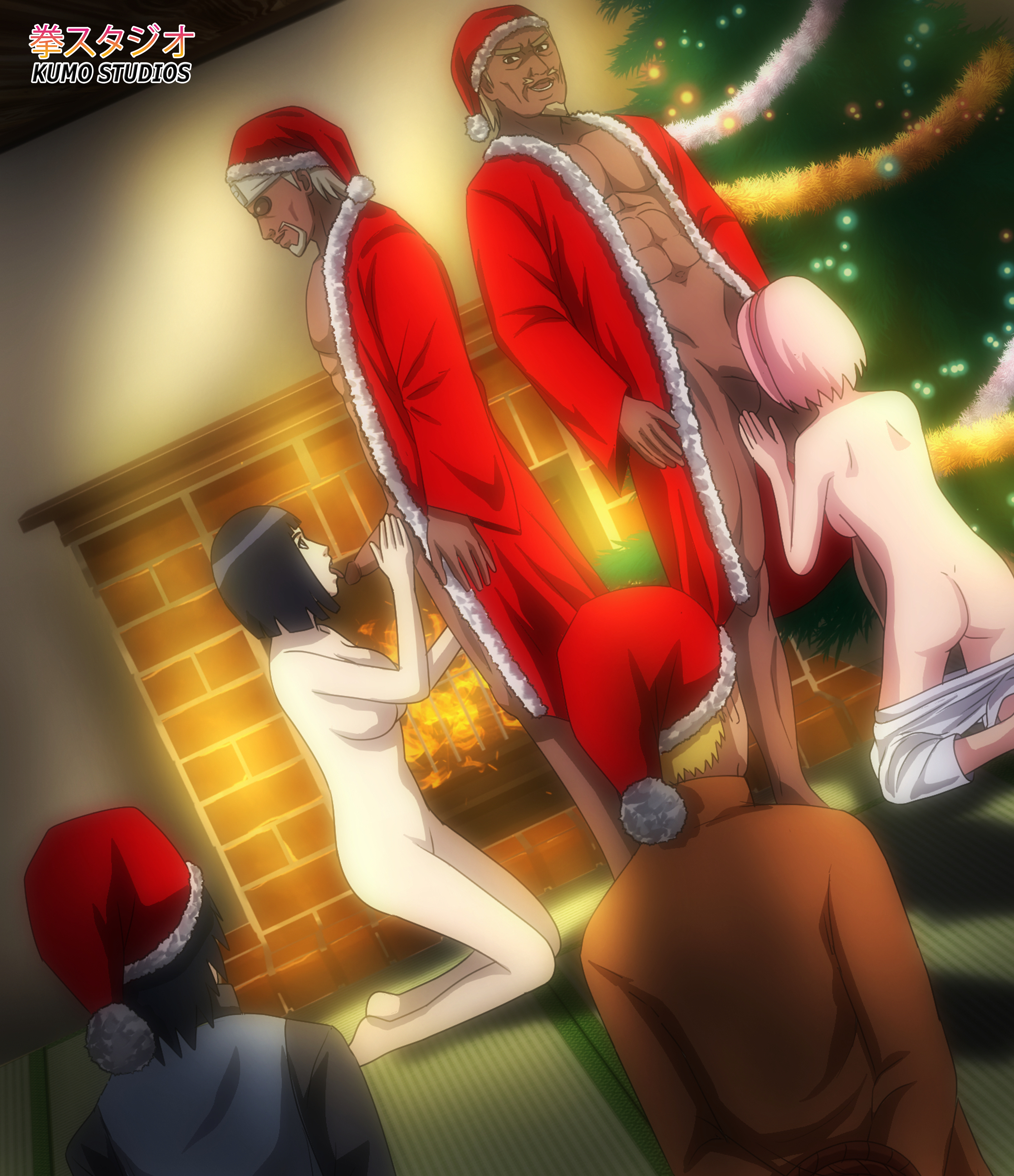 kumostudios, haruno sakura, hyuuga hinata, raikage, uchiha sasuke, uzumaki naruto, boruto: naruto next generations, naruto (classic), naruto (series), bbc, absurdres, highres, 2boys, christmas, dark-skinned male, dark skin, group sex, hetero, interracial, kneeling, mature female, multiple boys, netorare, oral, penis, sasuke uchiha