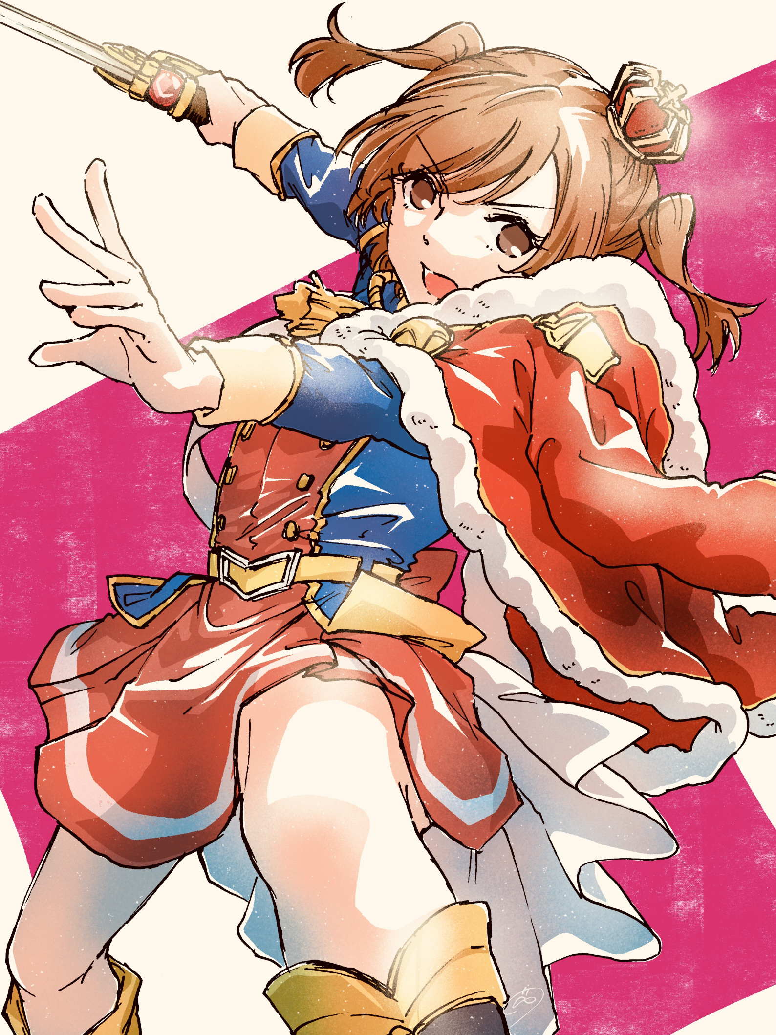 shozoku, aijou karen, shoujo kageki revue starlight, commentary request, highres, 1girl, aiguillette, arm up, belt, belt buckle, blue jacket, boots, brown eyes, brown hair, buckle, buttons, crown, feet out of frame, fur-trimmed jacket, fur trim, hand up, holding, holding sword, holding weapon, jacket, jacket on shoulders, leaning to the side, legs apart, long sleeves, looking at viewer, mini crown, miniskirt, multicolored jacket, open mouth, outstretched arms, parted bangs, pink background, possibility of puberty (sword), red jacket, sash, short hair, shoulder sash, skirt, solo, spike (stagecraft), standing, sword, tassel, tilted headwear, two-tone background, two side up, v-shaped eyebrows, waist cape, weapon, white background, white sash, yellow belt