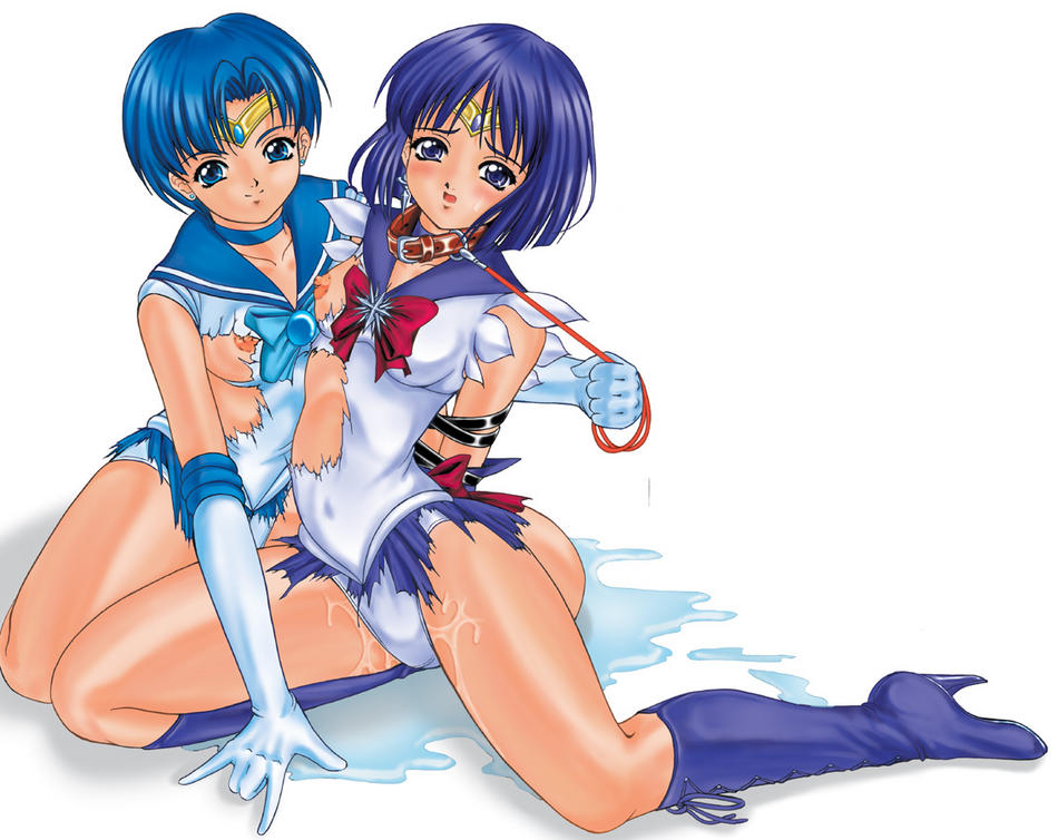 mizuno ami, sailor mercury, sailor saturn, tomoe hotaru, bishoujo senshi sailor moon, 1990s (style), 2girls, bdsm, blue hair, blush, bondage, bound, breasts, collar, covered erect nipples, female focus, leash, multiple girls, nipples, pussy juice, retro artstyle, short hair, simple background, slave, smile, torn clothes, yuri
