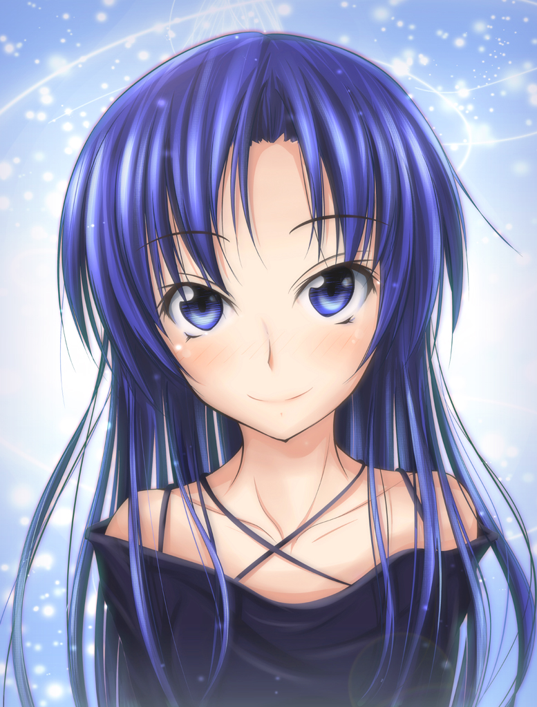 jennifer yamada, kisaragi chihaya, idolmaster, idolmaster (classic), 00s, 1girl, blue eyes, blue hair, blush, female focus, gradient background, matching hair/eyes, smile, solo