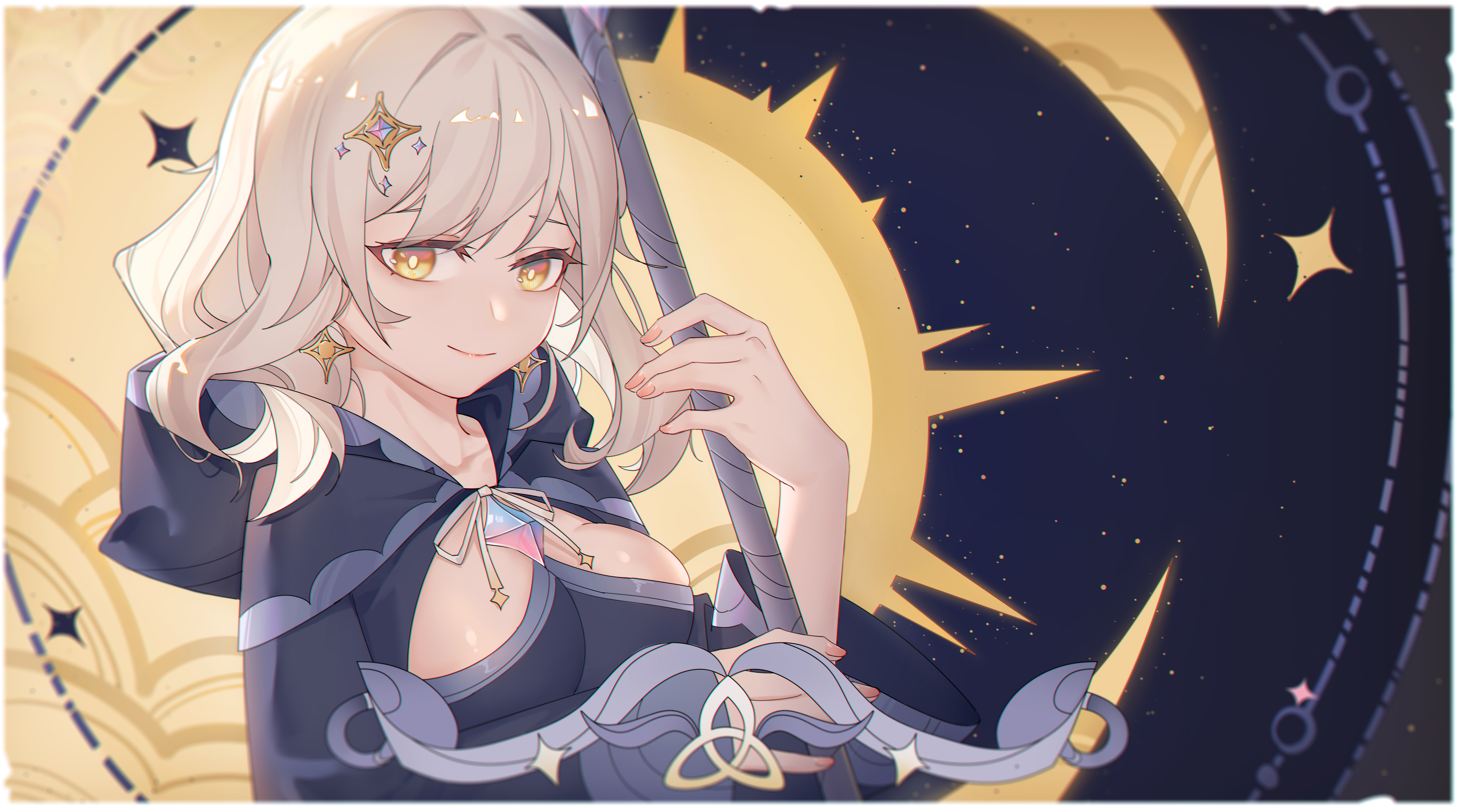 yuk233, genshin impact, absurdres, highres, 1girl, blessing of the welkin moon, blonde hair, blue cloak, blue dress, breasts, center opening, cloak, closed mouth, collarbone, crescent, dress, earrings, hair between eyes, hair ornament, head tilt, holding, holding staff, hood, hood down, hooded cloak, huge breasts, jewelry, light smile, long sleeves, looking at viewer, looking to the side, moon, orange eyes, pink lips, pink nails, primogem, shade, short hair, solo, space, staff, standing, star (sky), sun, swept bangs, upper body, wavy hair, wide sleeves