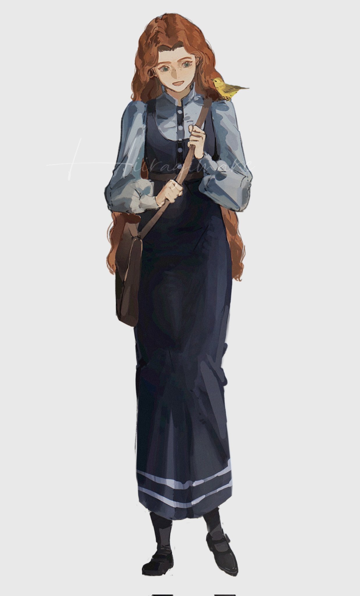 hiiragimare, hogwarts legacy, original, wizarding world, highres, 1girl, animal, animal on shoulder, bag, bird, black dress, black thighhighs, blue eyes, dress, full body, grey shirt, gynger edventray (hiiragimare), holding, holding bag, long dress, long hair, looking at animal, mary janes, open mouth, puffy sleeves, red hair, shirt, shoes, shoulder bag, simple background, smile, solo, standing, thighhighs, white background