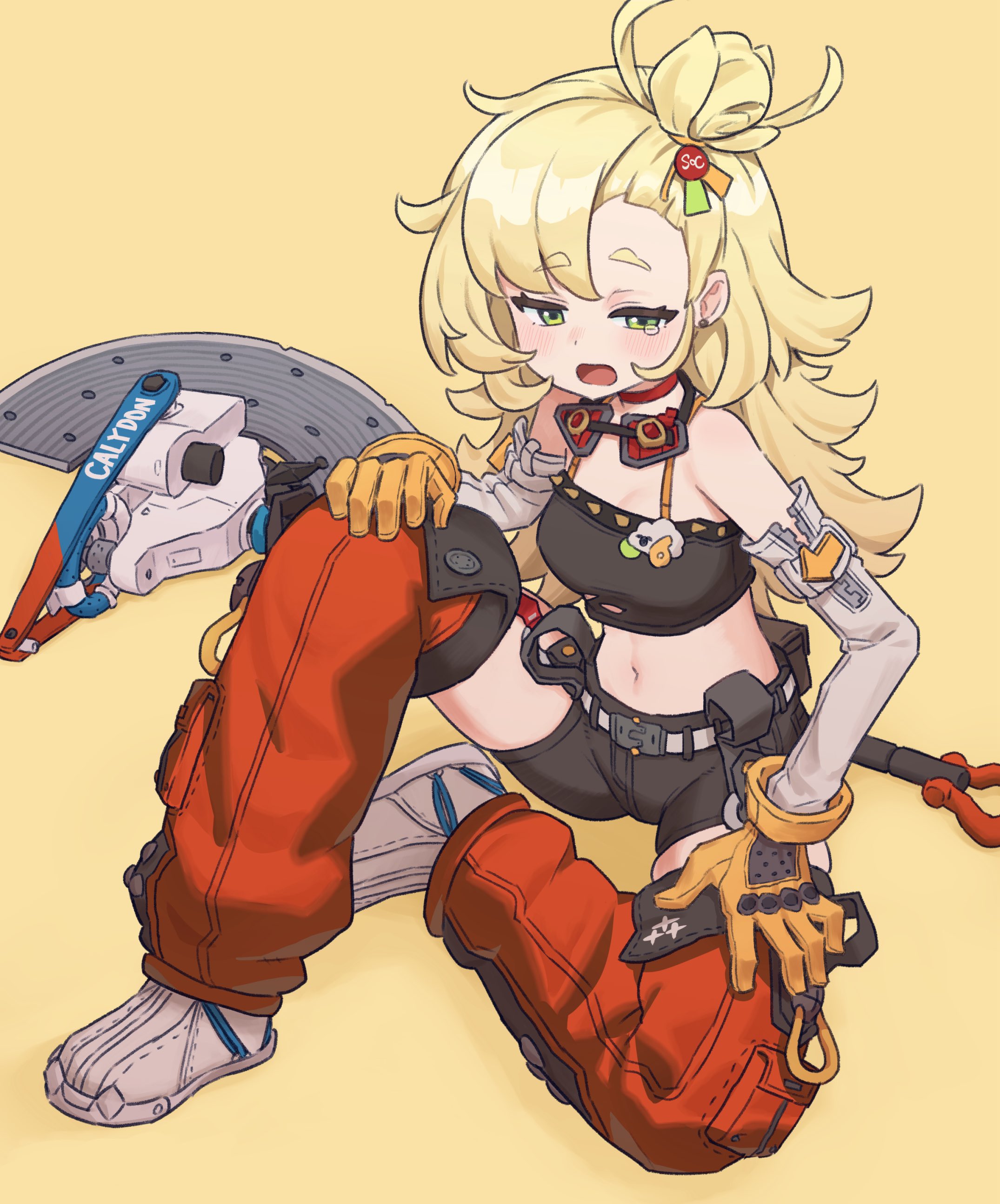 oogushi aritomo, piper wheel, zenless zone zero, absurdres, commentary request, highres, 1girl, bare shoulders, black shirt, black shorts, blonde hair, blush, crop top, detached pants, detached sleeves, earrings, full body, gloves, goggles, goggles around neck, green eyes, half-closed eyes, hand on own knee, jewelry, long hair, midriff, navel, open mouth, orange pants, pants, saw, shirt, shoes, short eyebrows, shorts, solo, spiked shirt, tears, thick eyebrows, torn clothes, torn shirt, weapon, white shoes, white sleeves, yellow background, yellow gloves