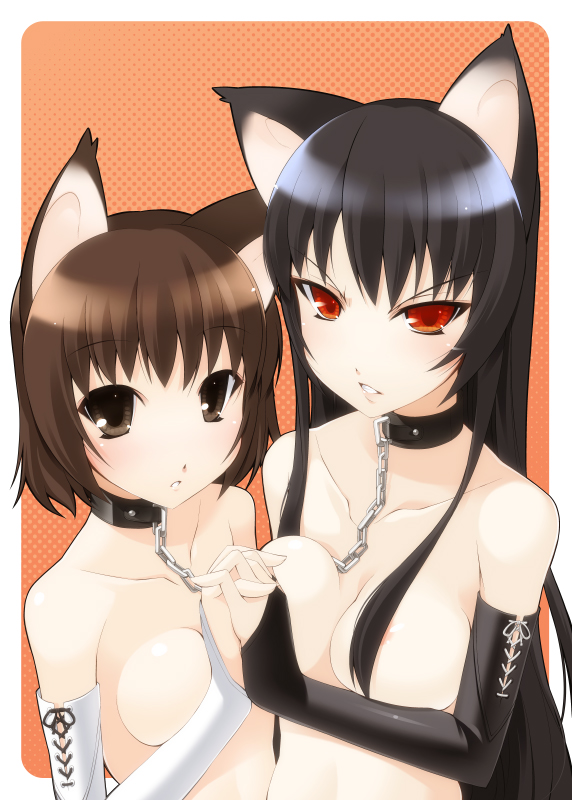 ohta yuichi, original, bad id, bad pixiv id, 2girls, animal ears, black hair, breast press, breasts, bridal gauntlets, brown eyes, brown hair, cat ears, censored, chain, collar, convenient censoring, grey eyes, hair over breasts, holding hands, long hair, medium breasts, multiple girls, nude, red eyes, short hair, symmetrical docking, topless female, upper body, very long hair, yuri
