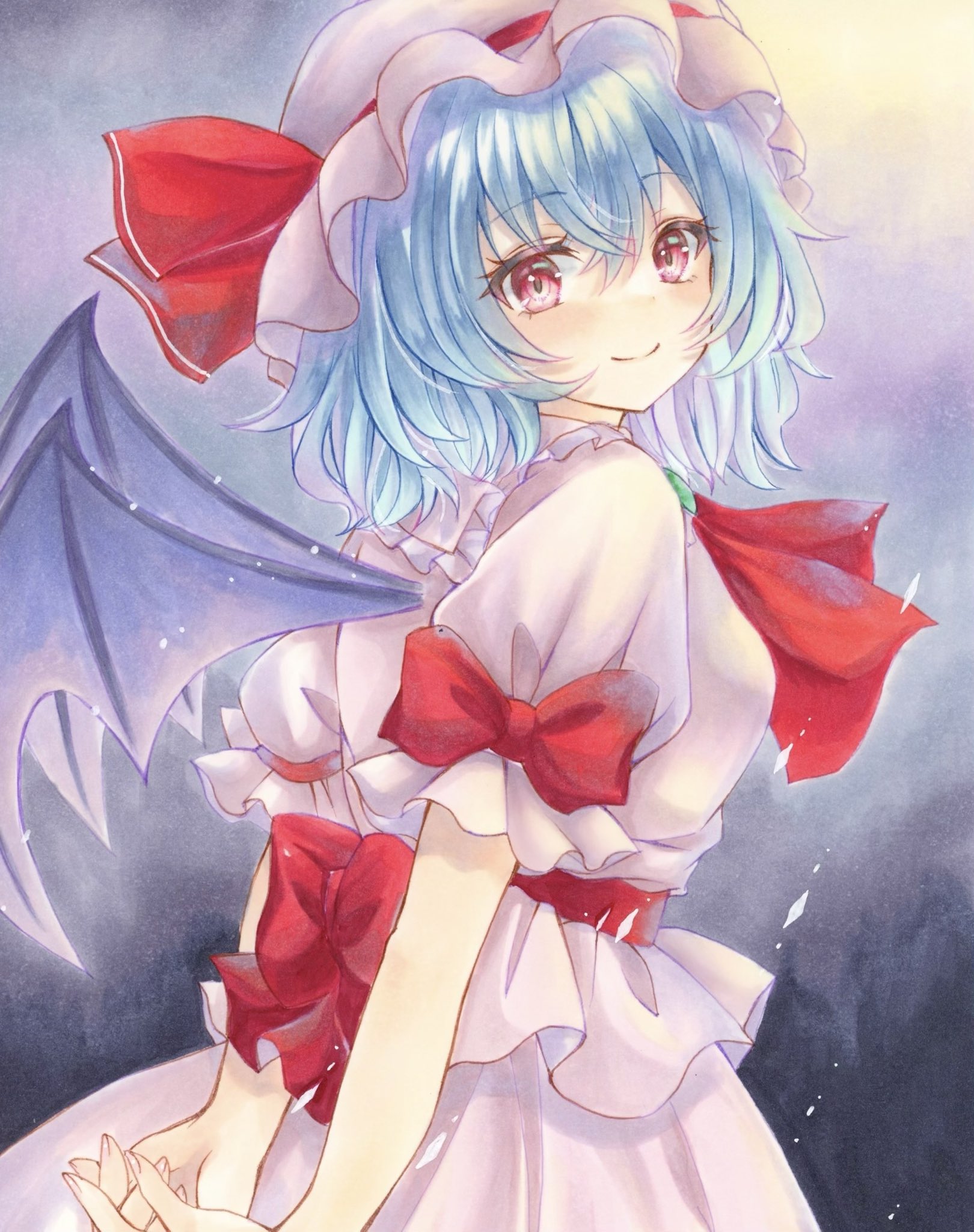 2424yume, remilia scarlet, touhou, commentary request, highres, marker (medium), traditional media, 1girl, arms behind back, ascot, back bow, bat wings, blue hair, bow, dress, dress bow, from side, hat, looking at viewer, mob cap, pink dress, pink hat, puffy short sleeves, puffy sleeves, red ascot, red bow, short hair, short sleeves, smile, solo, wings