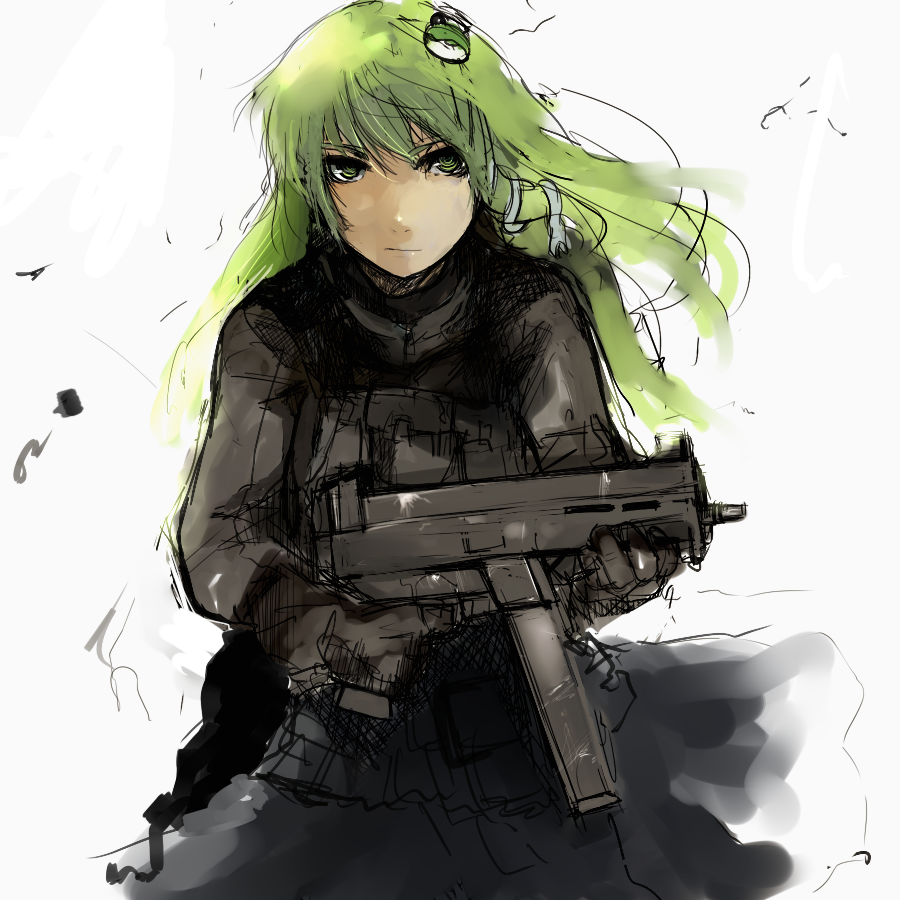 un-known (ninesix), kochiya sanae, heckler & koch, touhou, bad id, bad pixiv id, 1girl, alternate costume, contemporary, female focus, grey background, gun, h&k ump, sketch, solo, submachine gun, weapon