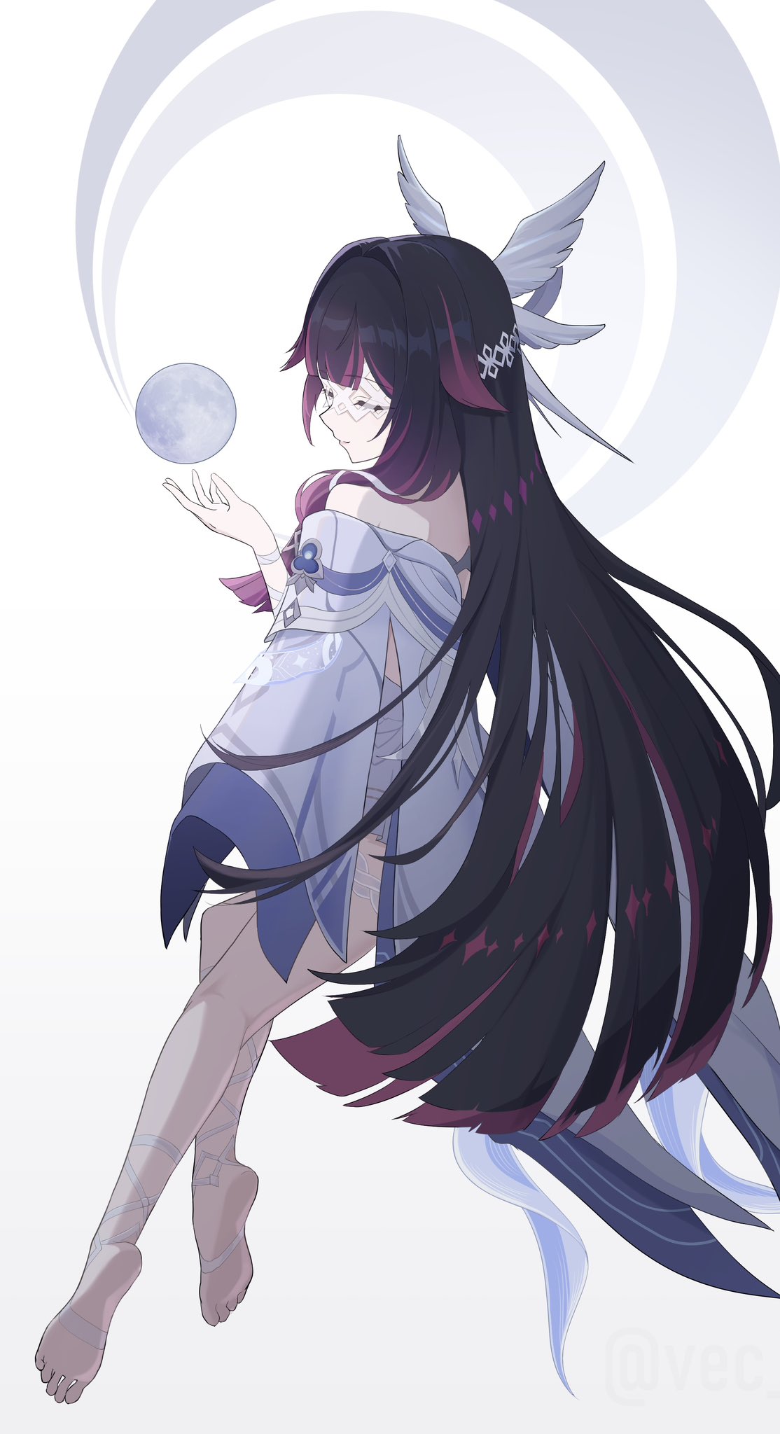 vec ka, columbina (genshin impact), genshin impact, commentary request, highres, 1girl, black hair, closed eyes, dress, eye mask, full body, hair over shoulder, head wings, long hair, mask, moon, multicolored hair, off-shoulder dress, off shoulder, pink hair, soles, solo, thigh strap, two-tone hair, very long hair, white background, white dress, white wings, wings