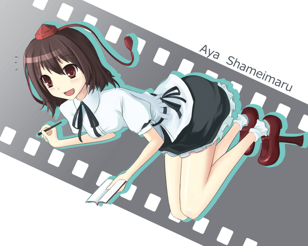 gori otoko, shameimaru aya, touhou, 1girl, book, brown hair, female focus, film, film strip, geta, hat, kneeling, looking at viewer, notebook, open mouth, pencil, red eyes, short hair, skirt, smile, solo, tengu-geta, tokin hat