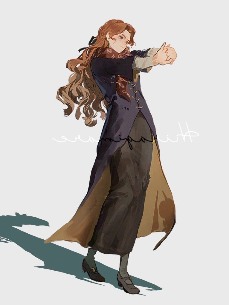 hiiragimare, hogwarts legacy, original, wizarding world, 1girl, artist name, black jacket, black ribbon, black shoes, black thighhighs, blue eyes, brown skirt, closed mouth, full body, gynger edventray (hiiragimare), hair ribbon, jacket, long hair, long skirt, mary janes, red hair, red scarf, ribbon, scarf, shirt, shoes, simple background, skirt, solo, thighhighs, walking, white background, white shirt