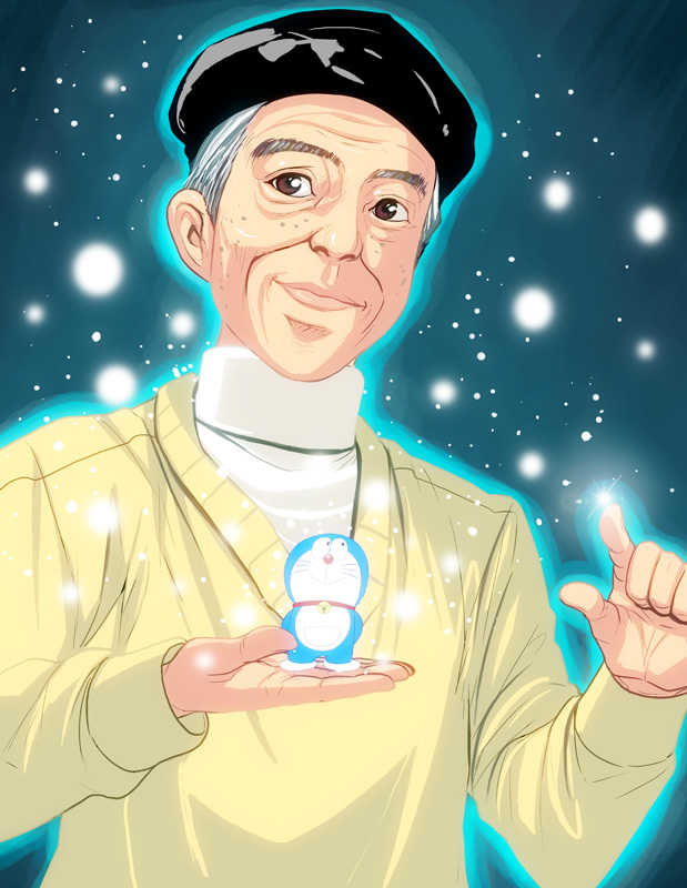kouno (masao), doraemon (character), fujiko f fujio (character), doraemon, bad id, bad pixiv id, 1boy, beret, fujiko f fujio, gradient background, hat, male focus, solo