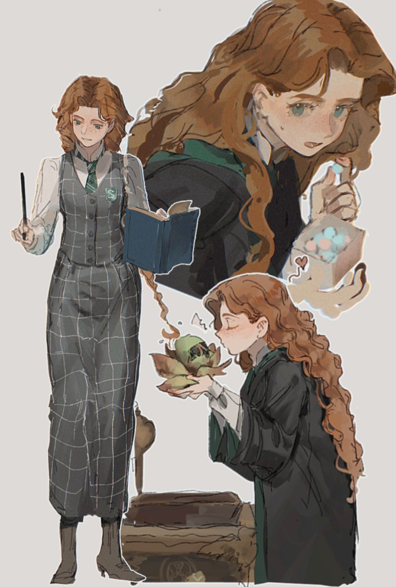 hiiragimare, hogwarts legacy, original, wizarding world, 1girl, bag, black robe, blue eyes, book, candy, closed eyes, collared shirt, floating, floating book, floating object, food, green necktie, grey skirt, grey vest, gynger edventray (hiiragimare), heart, hogwarts school uniform, holding, holding bag, holding candy, holding food, holding plant, holding wand, hooded robe, long hair, long skirt, looking at object, multiple views, necktie, open mouth, plant, red hair, robe, school uniform, shirt, simple background, skirt, slytherin, smile, vest, wand, white background, white shirt