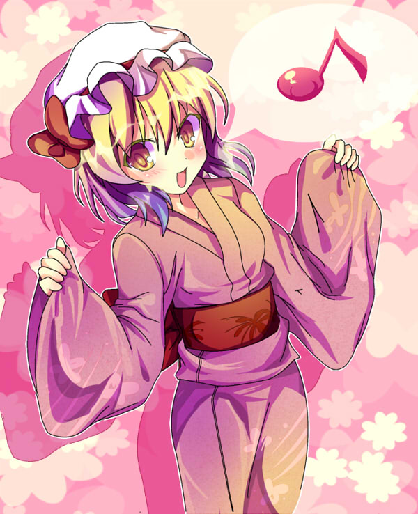 rarami, flandre scarlet, touhou, bad id, bad pixiv id, 1girl, blush, female focus, gradient hair, japanese clothes, kimono, multicolored hair, musical note, pink kimono, short hair, smile, solo, yukata