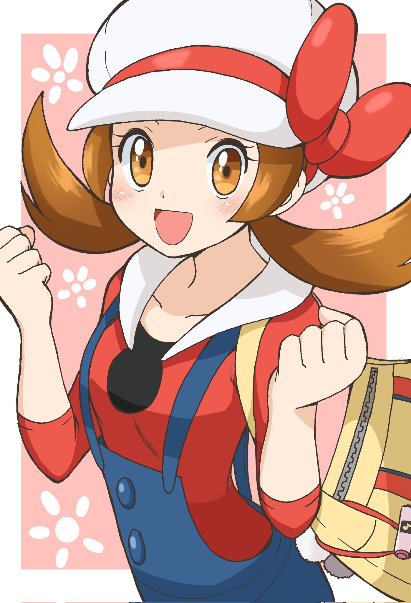 emapippi, lyra (pokemon), nintendo, pokemon, pokemon hgss, highres, 1girl, blue overalls, blush, bow, brown eyes, brown hair, collarbone, hat, hat bow, long hair, looking at viewer, newsboy cap, open mouth, overalls, red shirt, shirt, smile, twintails, white hat, yellow bag