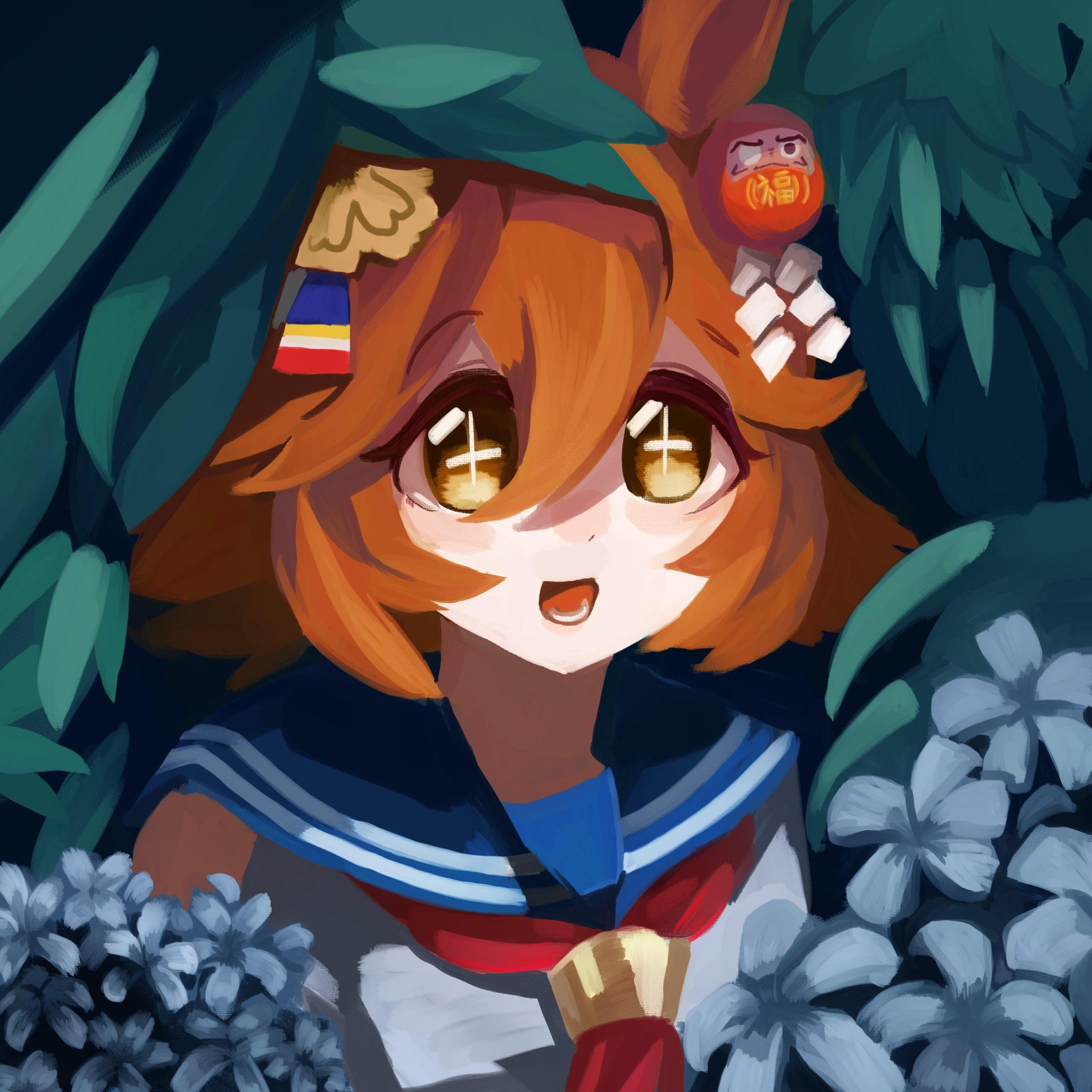 okayu oziya, matikanefukukitaru (rising fortune) (umamusume), matikanefukukitaru (umamusume), umamusume, highres, + +, 1girl, animal ears, blush, clover hair ornament, daruma doll, daruma doll hair ornament, ear covers, flower, four-leaf clover hair ornament, hair between eyes, hair ornament, horse ears, horse girl, leaf, looking at viewer, neckerchief, open mouth, orange hair, red neckerchief, sailor collar, school uniform, serafuku, shirt, short hair, single ear cover, smile, solo, star-shaped pupils, star (symbol), symbol-shaped pupils, upper body, white shirt