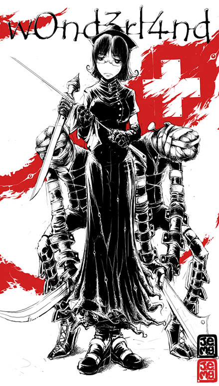 j-e-m-g, alice's adventures in wonderland, dress, glasses, hat, monster, mummy, solo, sword, weapon