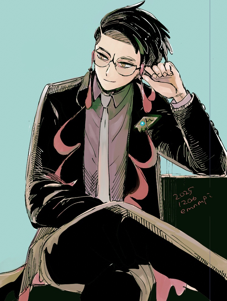 enpiempi, corbeau (pokemon), nintendo, pokemon, pokemon legends: z-a, 1boy, black-framed eyewear, black hair, black jacket, black pants, closed mouth, collared shirt, crossed legs, eyewear strap, glasses, jacket, long sleeves, male focus, mega stone, necktie, open clothes, open jacket, pants, parted hair, purple hair, purple shirt, round eyewear, shirt, short hair, short sideburns, sitting, smile, solo, undercut, white necktie, yellow eyes