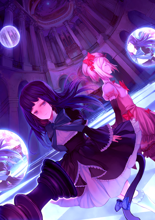 leiror, frederica bernkastel, lambdadelta, umineko no naku koro ni, 00s, beret, blonde hair, blue hair, cat tail, closed eyes, dress, frills, hat, long hair, pink dress, purple eyes, ribbon, short hair, smile, tail