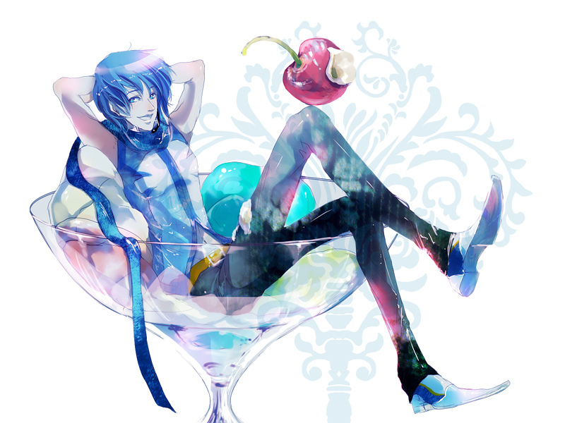 yuu (arcadia), kaito (vocaloid), vocaloid, 1boy, arms up, blue eyes, blue hair, blue scarf, cherry, cup, food, fruit, ice cream, male focus, matching hair/eyes, scarf, short hair, sitting, smile, solo