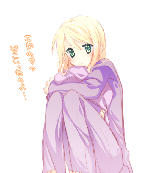 riichu, winry rockbell, fullmetal alchemist, bad id, bad pixiv id, translation request, 00s, 1girl, :<, blonde hair, female focus, green eyes, hugging object, knees to chest, long hair, pajamas, pillow, pillow hug, solo, white background