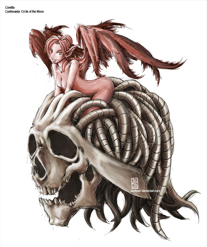 j-e-m-g, carmilla, castlevania: circle of the moon, castlevania (series), 1girl, ass, breasts, cleavage, colored skin, female focus, large breasts, monster, monster girl, nude, pink skin, pointy ears, simple background, skull, smile, solo, tentacles, watermark, white background, wings