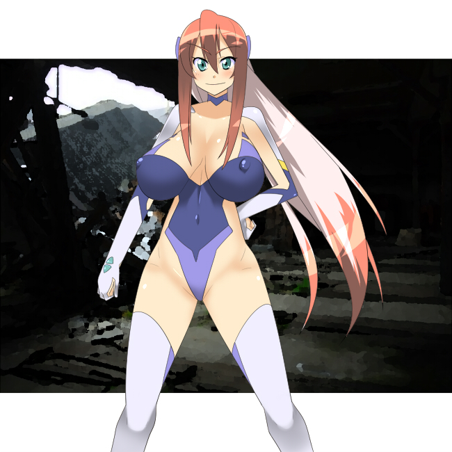 makarou, birdy cephon altera, tetsuwan birdy, tetsuwan birdy decode, bad id, bad pixiv id, 00s, 1girl, blush, breasts, cleavage, covered erect nipples, female focus, hand on own hip, huge breasts, leotard, long hair, multicolored hair, navel, smile, solo, thighhighs, very long hair