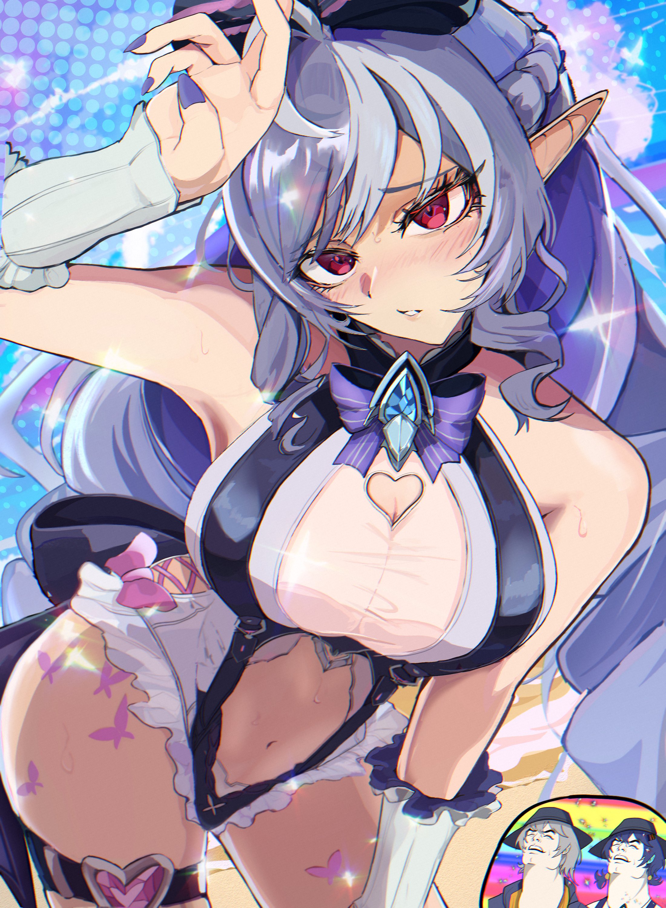 yama kabosu, belle (zenless zone zero), vivian banshee, vivian banshee (iris of the shore), wise (zenless zone zero), zenless zone zero, absurdres, hashtag-only commentary, highres, 1boy, 2girls, arm up, armpits, bare shoulders, beach, blush, bow, breasts, butterfly tattoo, clothing cutout, cowboy shot, detached sleeves, fabulous secret powers (meme), fingernails, frilled one-piece swimsuit, frills, hair bow, heart cutout, long fingernails, long hair, meme, multicolored hair, multiple girls, navel, official alternate costume, one-piece swimsuit, pointy ears, polka dot, polka dot background, purple bow, purple hair, purple nails, red eyes, streaked hair, sweat, swimsuit, tattoo, two-tone hair, two-tone one-piece swimsuit