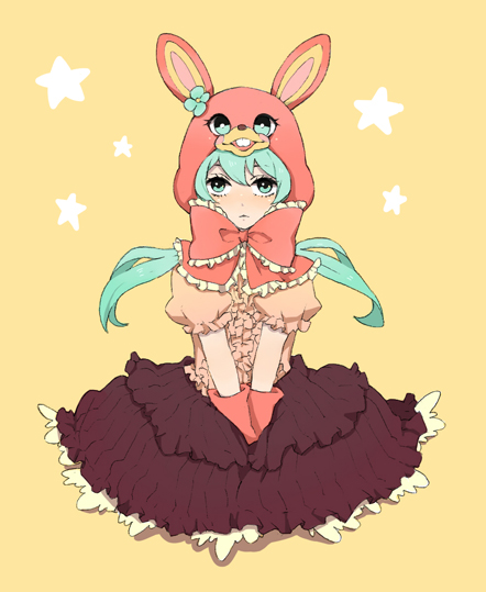 tochi@nemuritai, hatsune miku, lol -lots of laugh- (vocaloid), lots of laugh, vocaloid, bad id, bad pixiv id, 1girl, animal ears, animal hat, aqua eyes, bonnet, female focus, frills, full body, gloves, hat, long hair, rabbit ears, sitting, solo, twintails