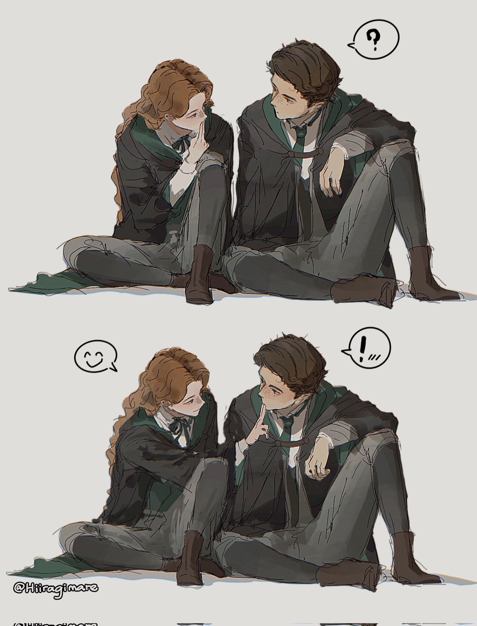 hiiragimare, sebastian sallow, hogwarts legacy, original, wizarding world, highres, !, 1boy, 1girl, ?, arm on knee, black robe, blue eyes, brown hair, collared shirt, full body, green ribbon, grey pants, gynger edventray (hiiragimare), hogwarts school uniform, hooded robe, indirect kiss, long hair, looking at another, neck ribbon, pants, red hair, ribbon, robe, school uniform, shirt, short hair, simple background, sitting, slytherin, spoken exclamation mark, spoken expression, spoken question mark, white background, white shirt