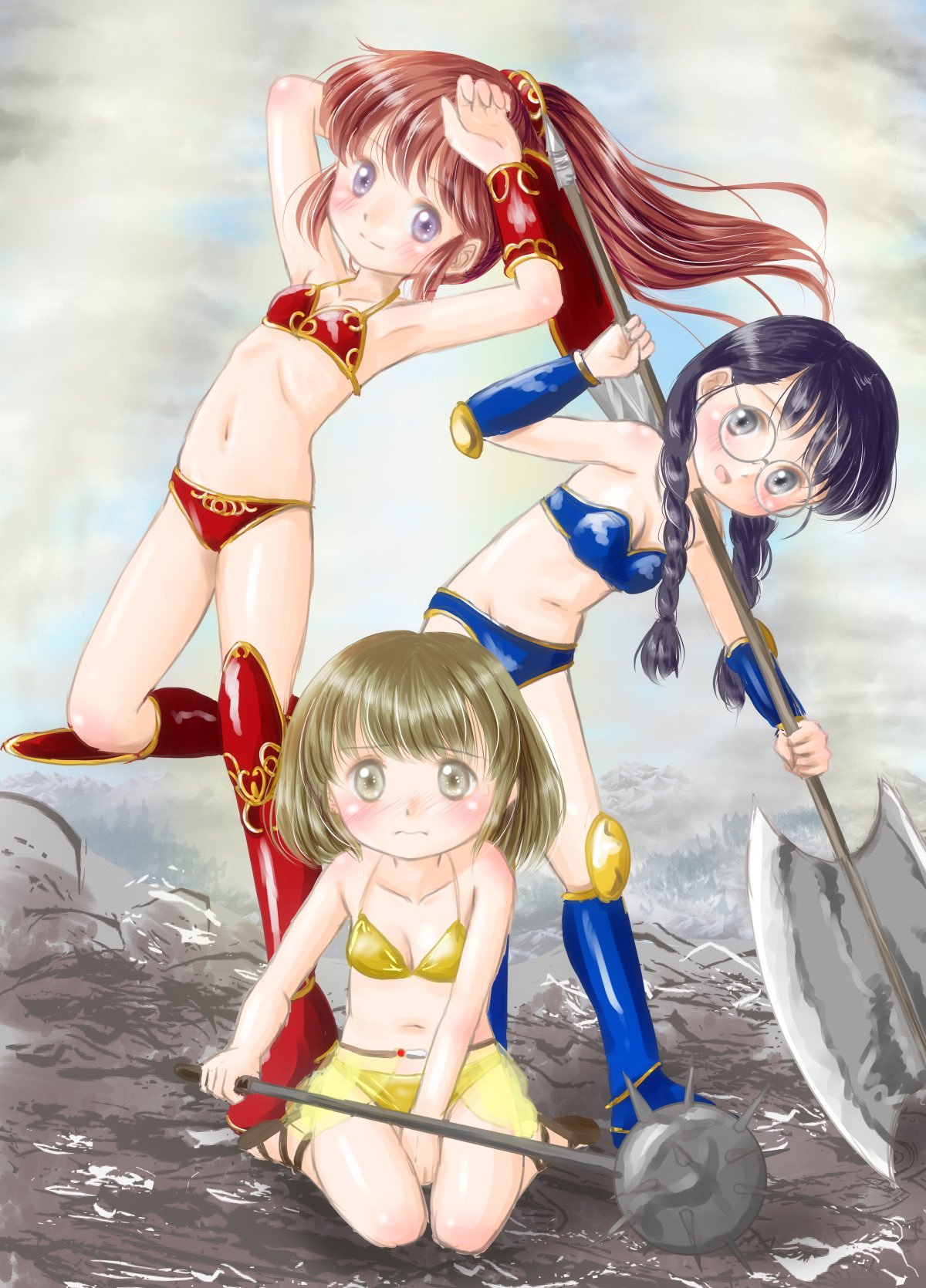 wanda (wondaba), original, highres, 3girls, armor, armpits, arms up, axe, battle axe, bikini, bikini armor, black hair, blue bikini, blue boots, blue eyes, boots, bracer, braid, breasts, brown eyes, brown hair, cleavage, double-sided axe, glasses, knee boots, leg up, long hair, mace, multiple girls, navel, outdoors, ponytail, red bikini, red boots, short hair, sitting, small breasts, spiked mace, spikes, standing, standing on one leg, stomach, swimsuit, thighs, twin braids, weapon, yellow bikini